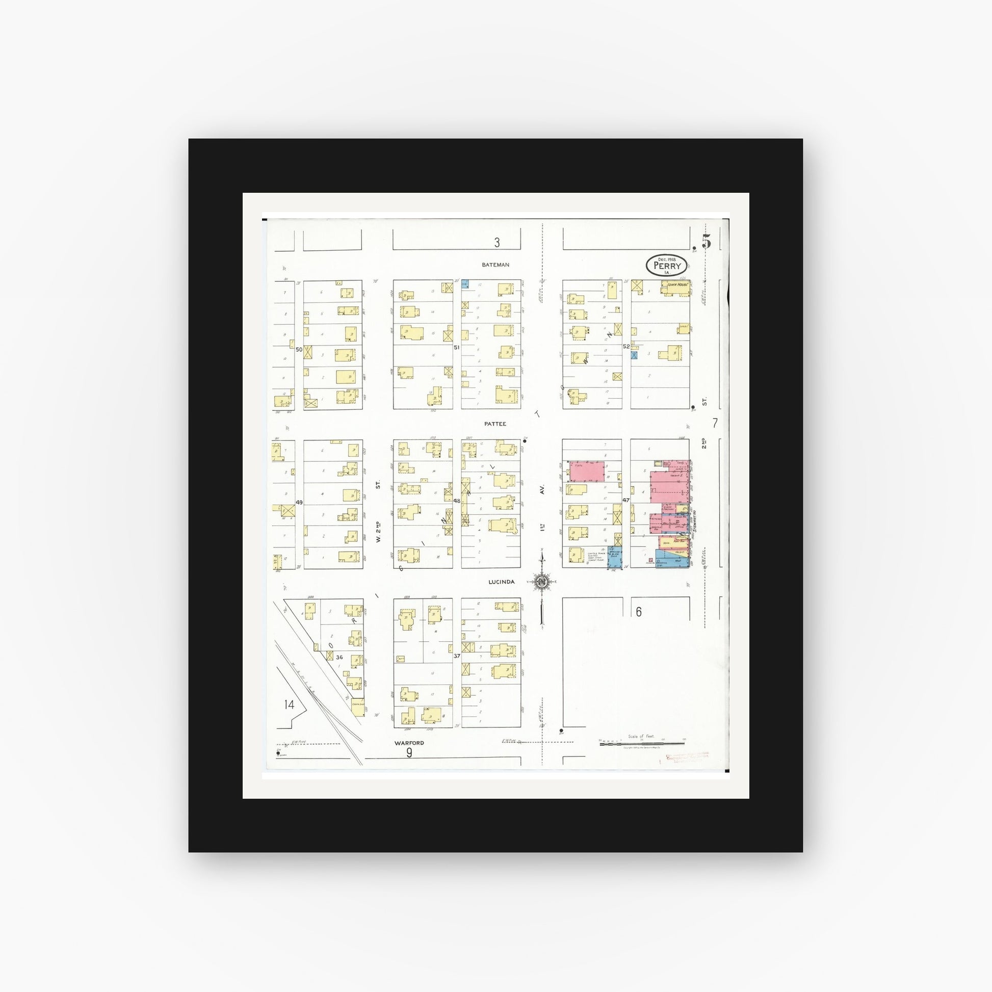 Old map wall art mockup — black gallery frame with white mat — Sanborn Fire Insurance Map from Perry, Dallas County, Iowa (1918), Sheet #0005