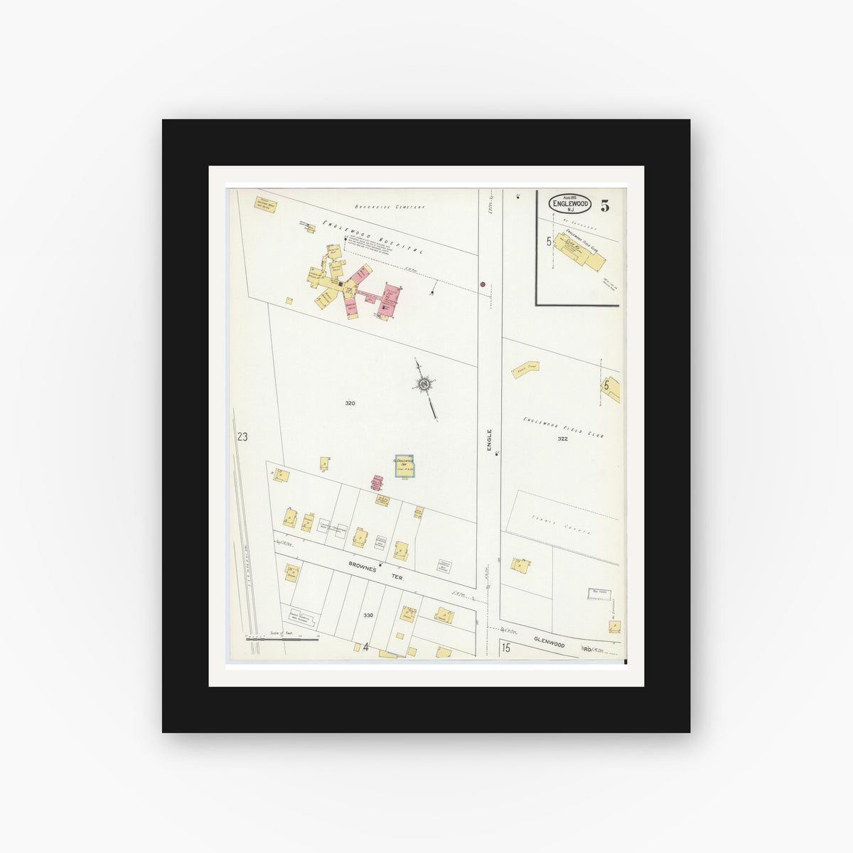 Old map wall art mockup — black gallery frame with white mat — Sanborn Fire Insurance Map from Englewood, Bergen County, New Jersey (1915), Sheet #0005
