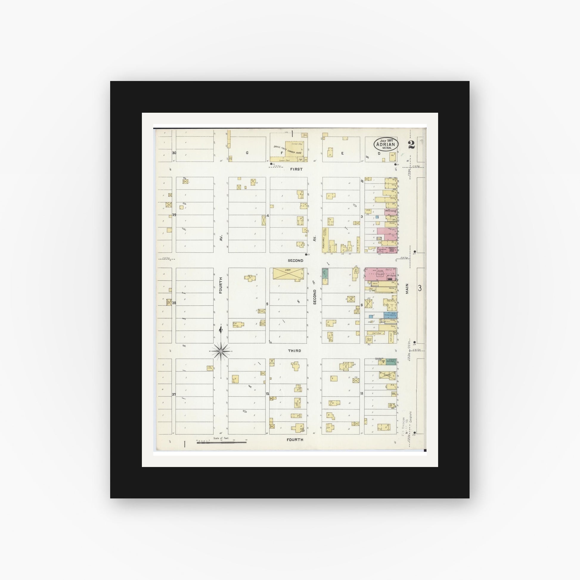 Old map wall art mockup — black gallery frame with white mat — Sanborn Fire Insurance Map from Adrian, Nobles County, Minnesota (1907), Sheet #0002