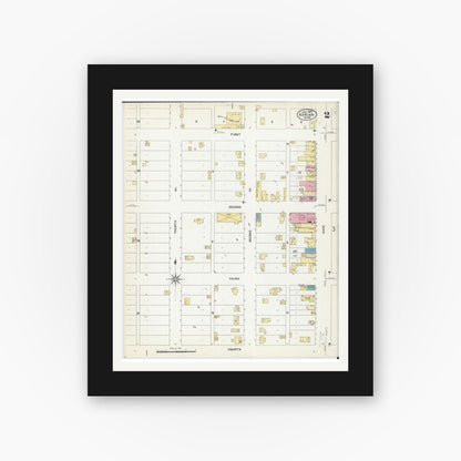 Old map wall art mockup — black gallery frame with white mat — Sanborn Fire Insurance Map from Adrian, Nobles County, Minnesota (1907), Sheet #0002