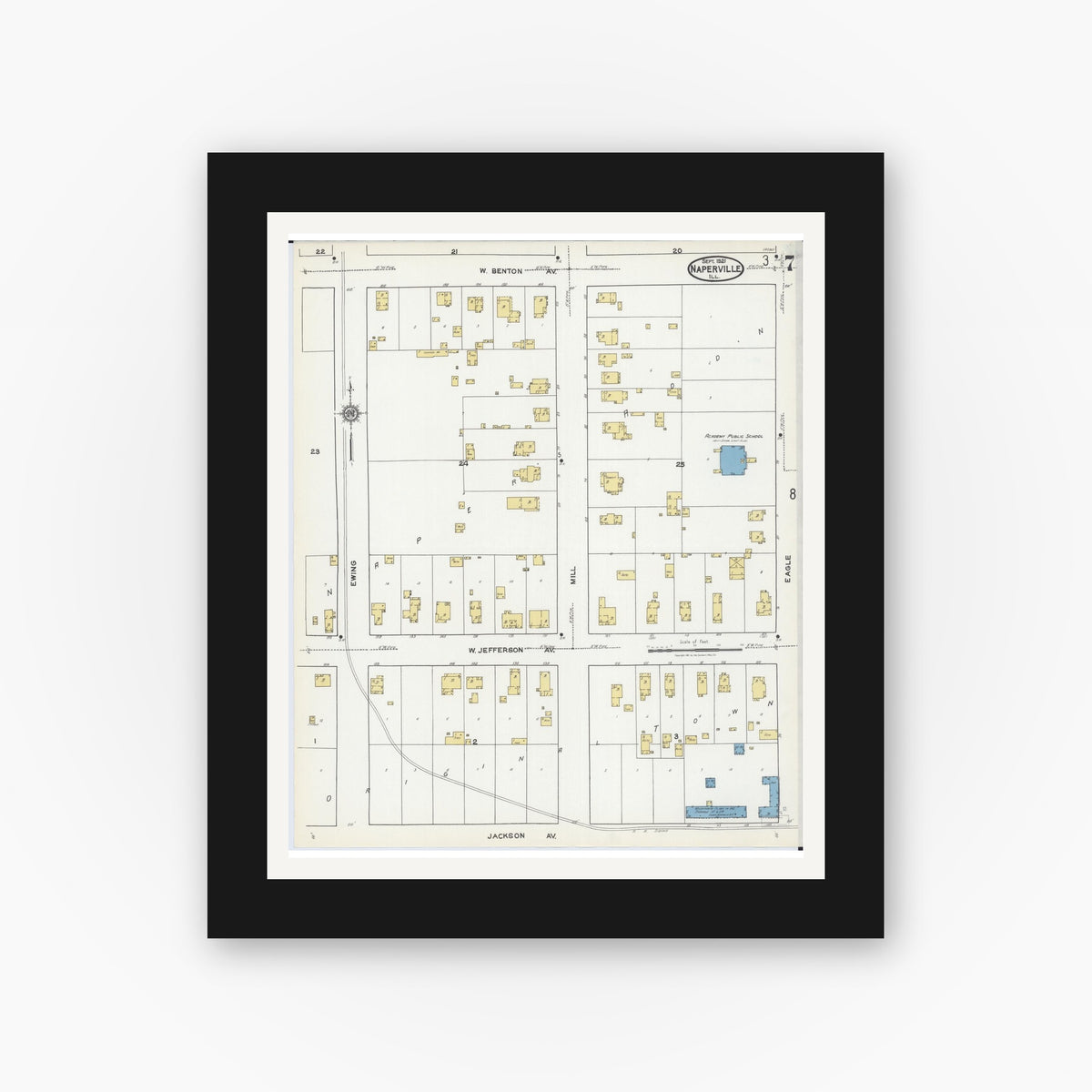 Old map wall art mockup — black gallery frame with white mat — Sanborn Fire Insurance Map from Naperville, Du Page County, Illinois (1921), Sheet #0007