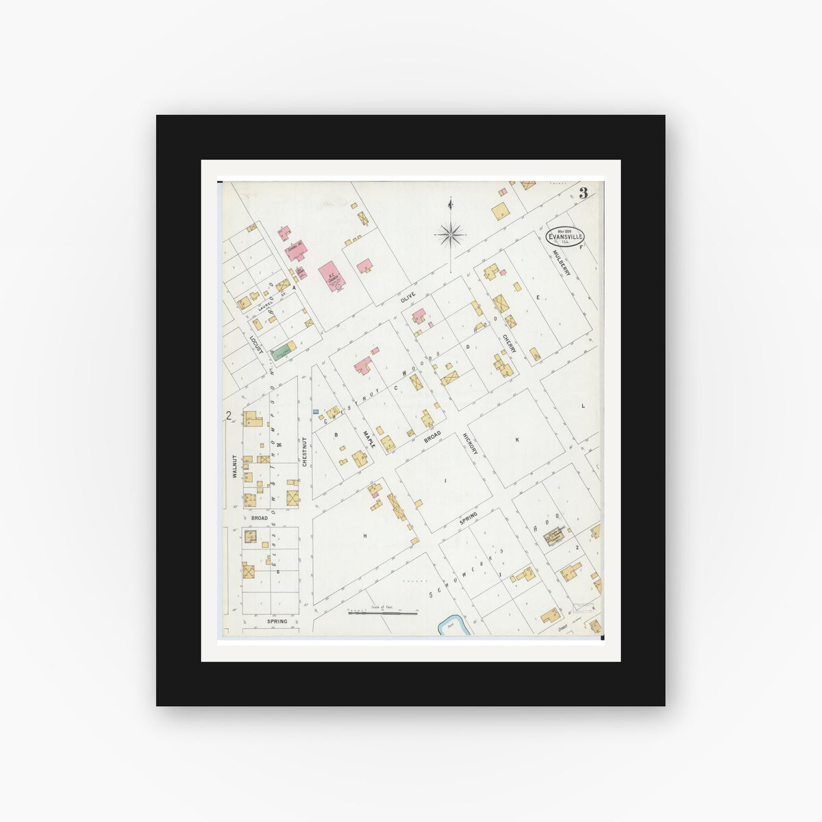Old map wall art mockup — black gallery frame with white mat — Sanborn Fire Insurance Map from Evansville, Randolph County, Illinois (1899), Sheet #0003