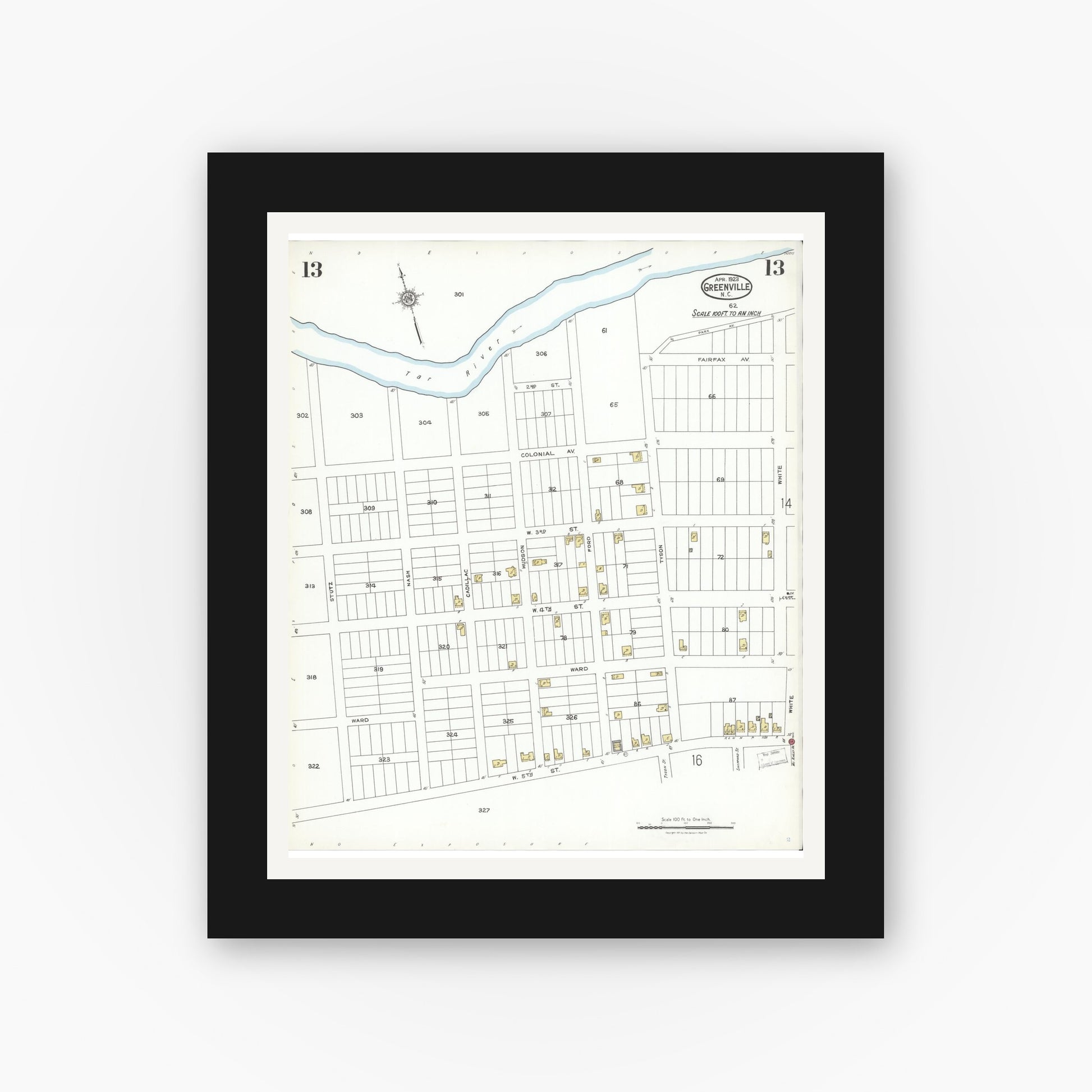Old map wall art mockup — black gallery frame with white mat — Sanborn Fire Insurance Map from Greenville, Pitt County, North Carolina (1923), Sheet #0013