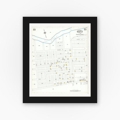 Old map wall art mockup — black gallery frame with white mat — Sanborn Fire Insurance Map from Greenville, Pitt County, North Carolina (1923), Sheet #0013
