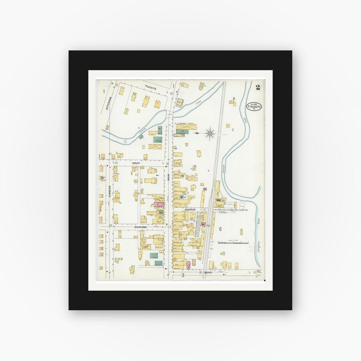 Old map wall art mockup — black gallery frame with white mat — Sanborn Fire Insurance Map from Tidioute, Warren County, Pennsylvania (1900), Sheet #0002