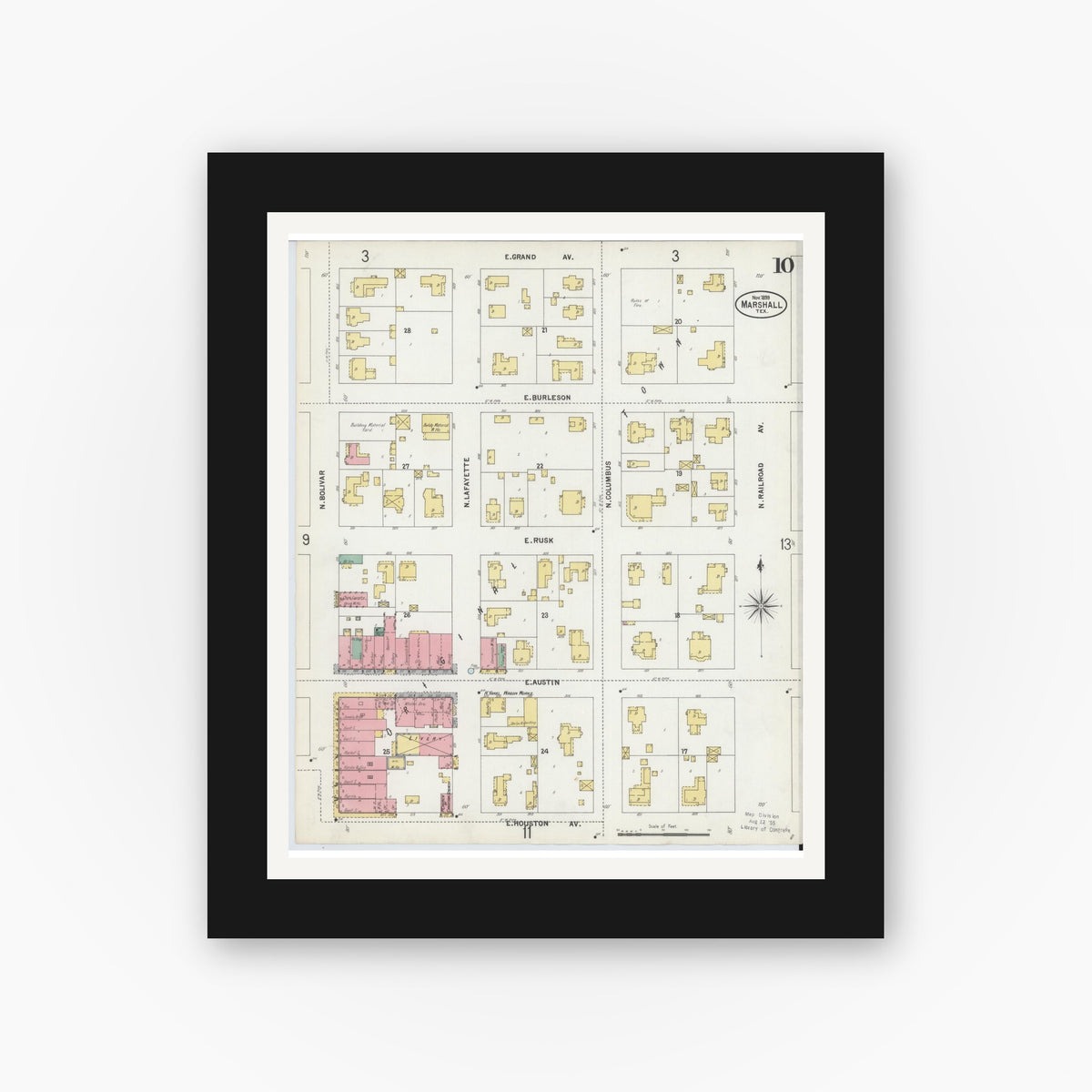 Old map wall art mockup — black gallery frame with white mat — Sanborn Fire Insurance Map from Marshall, Harrison County, Texas (1899), Sheet #0010