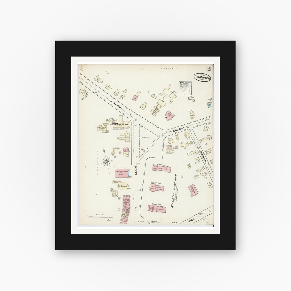 Old map wall art mockup — black gallery frame with white mat — Sanborn Fire Insurance Map from East Hampton, Hampshire County, Massachusetts (1884), Sheet #0002