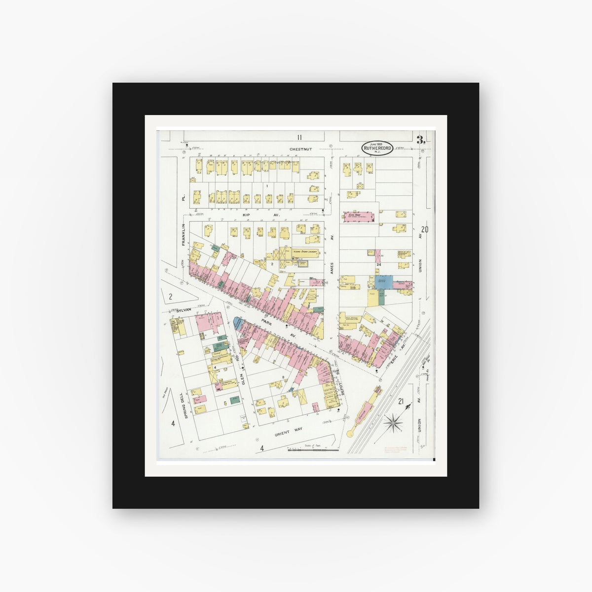Old map wall art mockup — black gallery frame with white mat — Sanborn Fire Insurance Map from Rutherford, Bergen County, New Jersey (1909), Sheet #0003