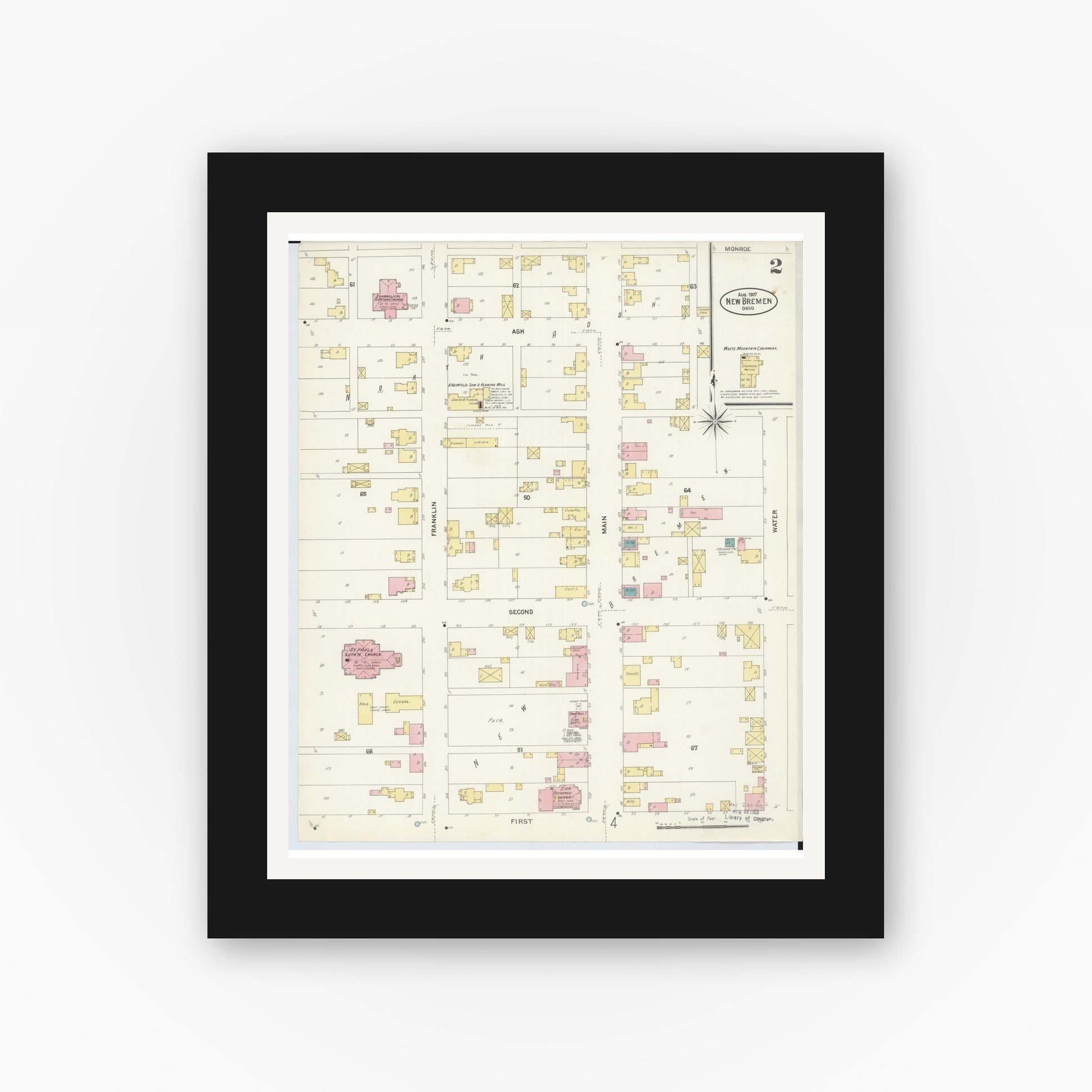 Old map wall art mockup — black gallery frame with white mat — Sanborn Fire Insurance Map from New Bremen, Auglaize County, Ohio (1907), Sheet #0002