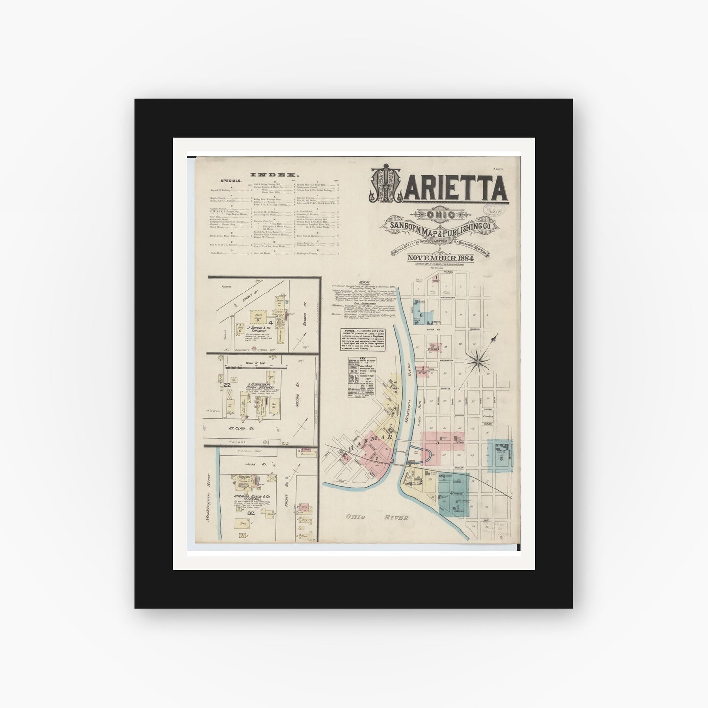Old map wall art mockup — black gallery frame with white mat — Sanborn Fire Insurance Map from Marietta, Washington County, Ohio (1884) - Complete Map Set