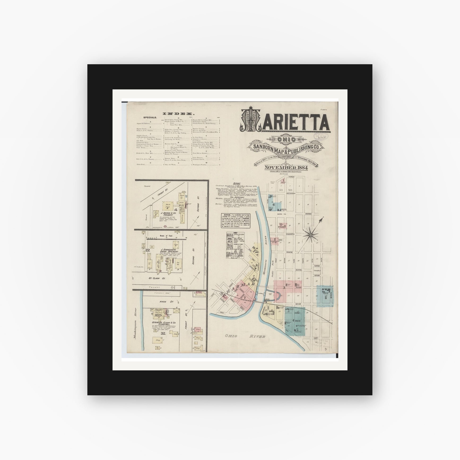 Old map wall art mockup — black gallery frame with white mat — Sanborn Fire Insurance Map from Marietta, Washington County, Ohio (1884) - Complete Map Set