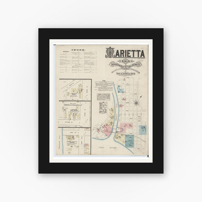 Old map wall art mockup — black gallery frame with white mat — Sanborn Fire Insurance Map from Marietta, Washington County, Ohio (1884) - Complete Map Set
