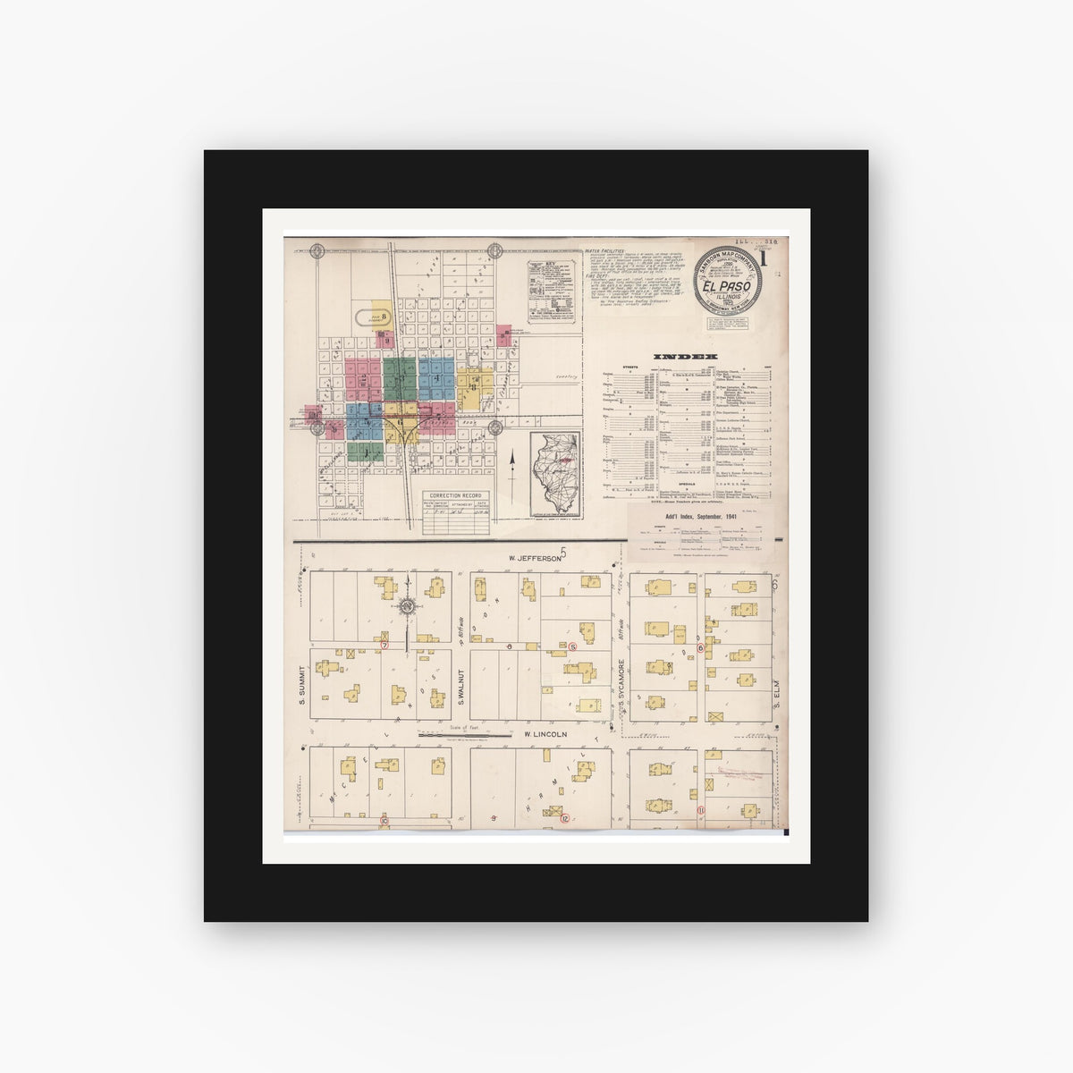 Old map wall art mockup — black gallery frame with white mat — Sanborn Fire Insurance Map from El Paso, Woodford County, Illinois (1941), Sheet #0001