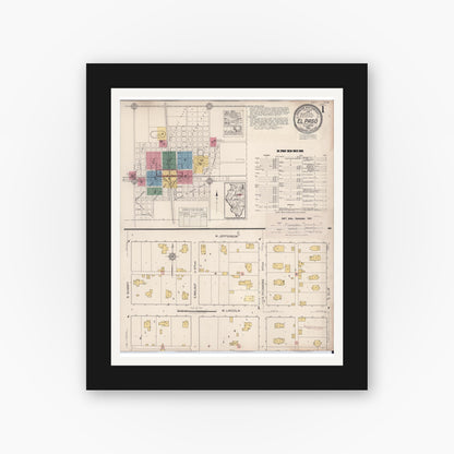 Old map wall art mockup — black gallery frame with white mat — Sanborn Fire Insurance Map from El Paso, Woodford County, Illinois (1941), Sheet #0001