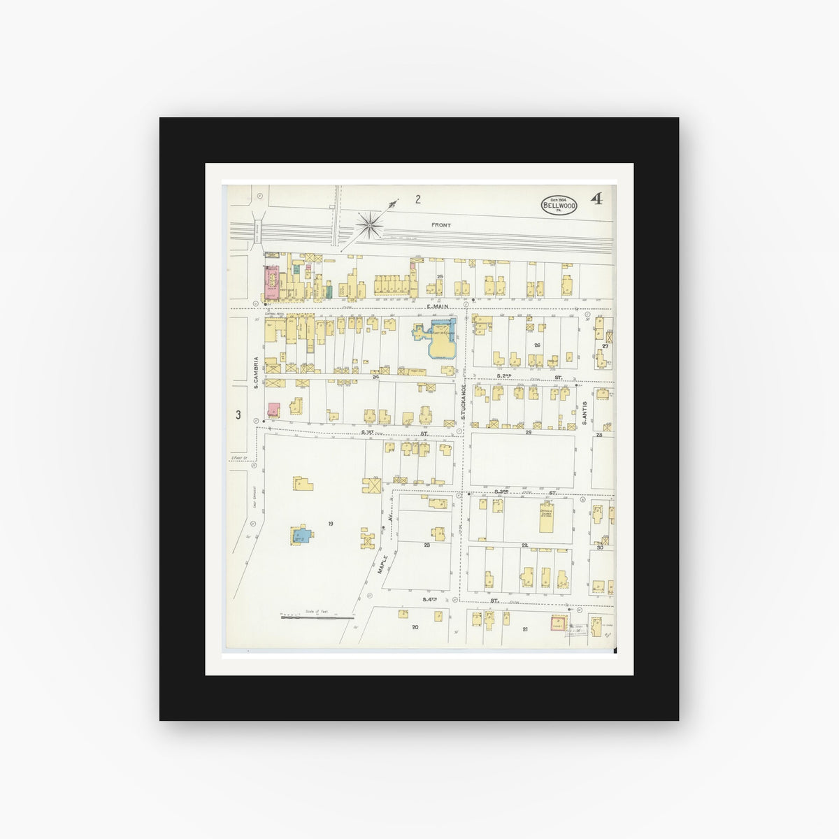 Old map wall art mockup — black gallery frame with white mat — Sanborn Fire Insurance Map from Bellwood, Blair County, Pennsylvania (1904), Sheet #0004