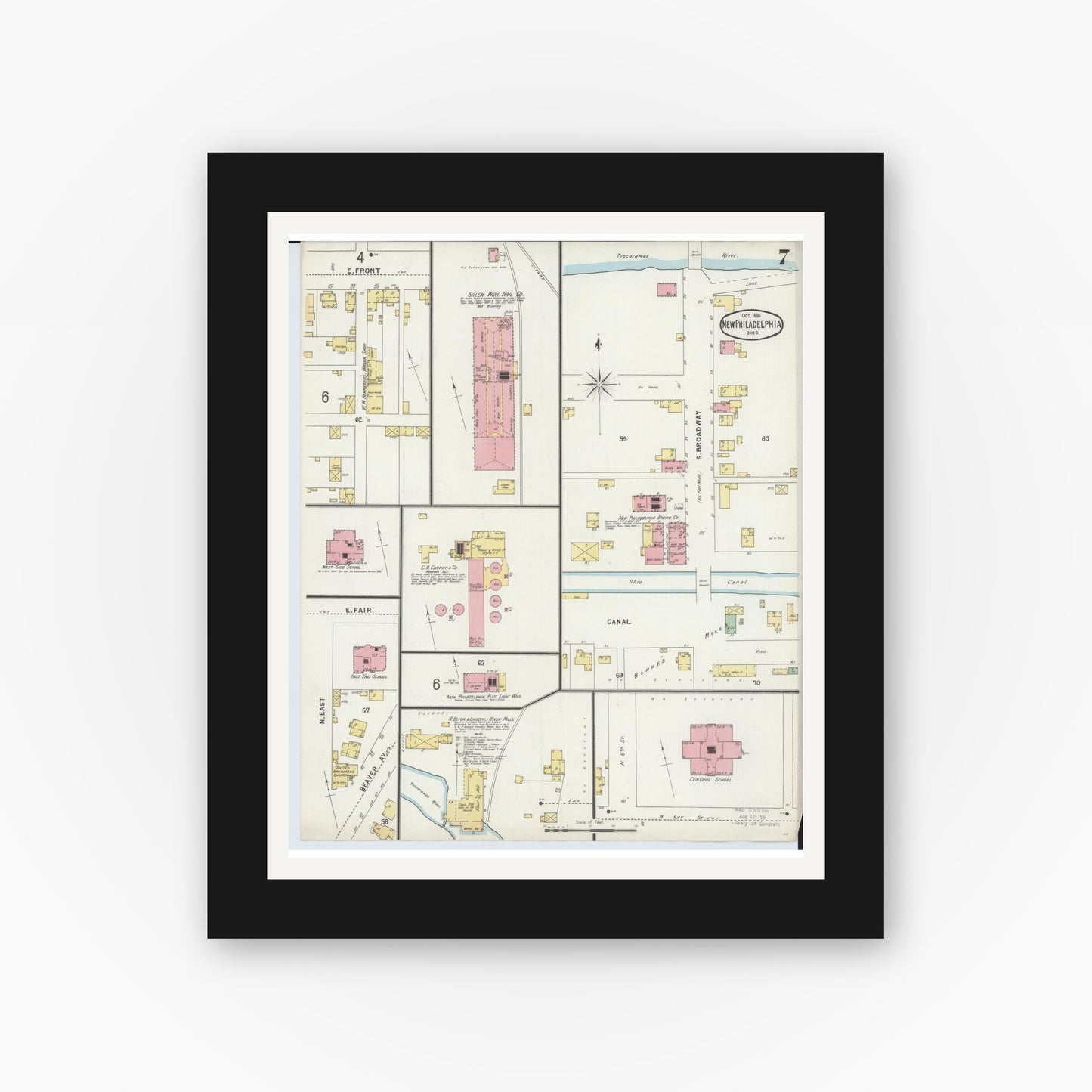 Old map wall art mockup — black gallery frame with white mat — Sanborn Fire Insurance Map from New Philadelphia, Tuscarawas County, Ohio (1896), Sheet #0007
