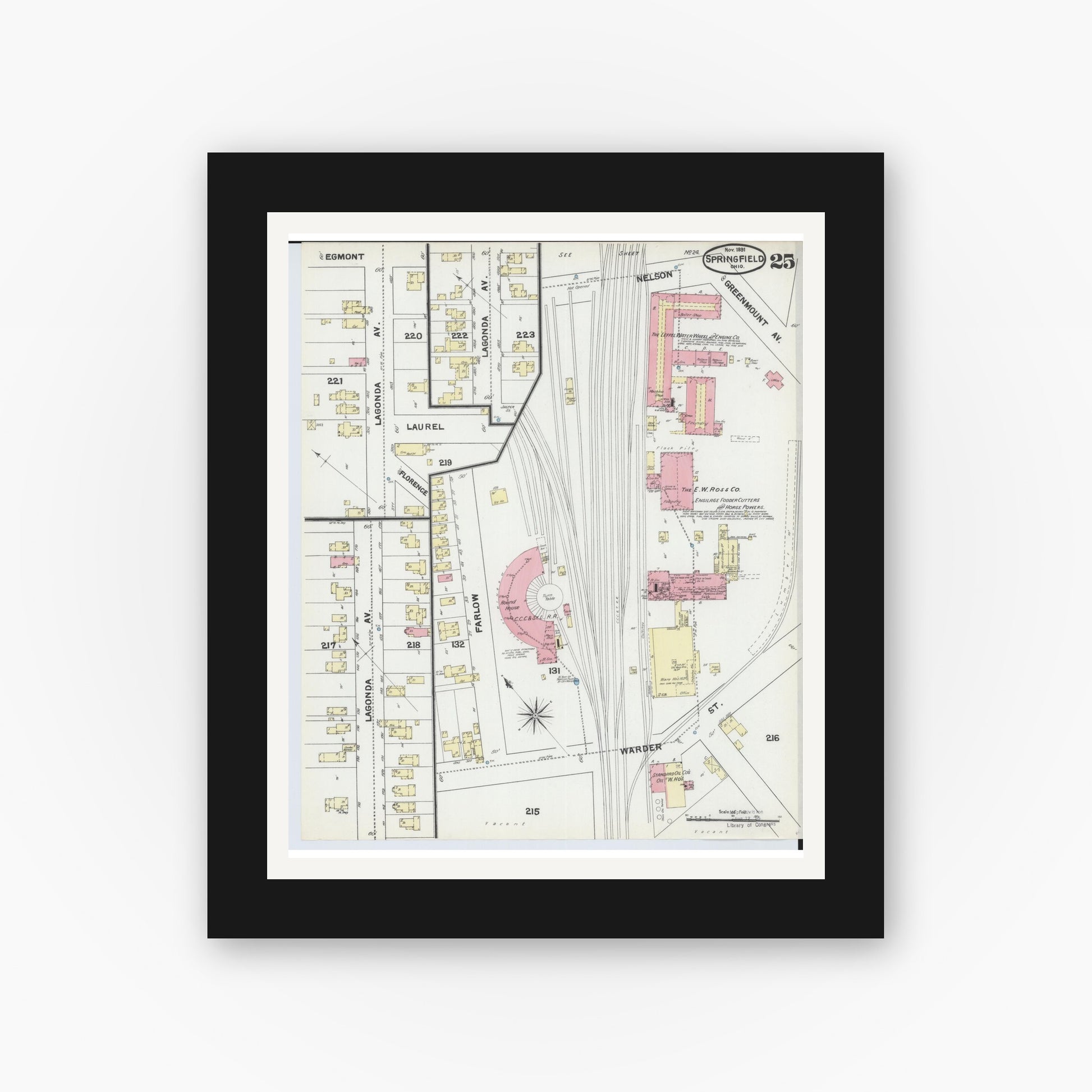 Old map wall art mockup — black gallery frame with white mat — Sanborn Fire Insurance Map from Springfield, Clark County, Ohio (1891), Sheet #0025