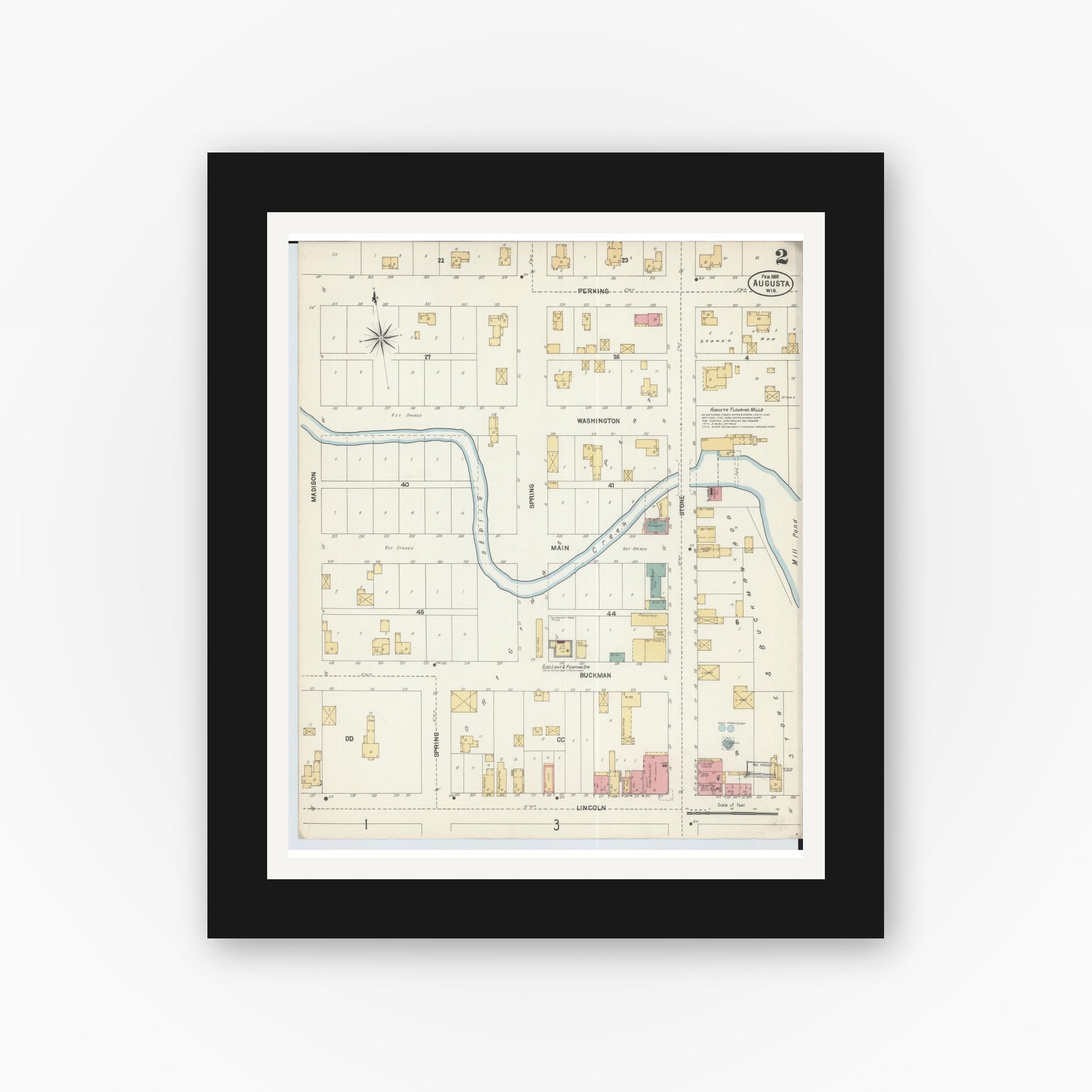Old map wall art mockup — black gallery frame with white mat — Sanborn Fire Insurance Map from Augusta, Eau Claire County, Wisconsin (1903), Sheet #0002