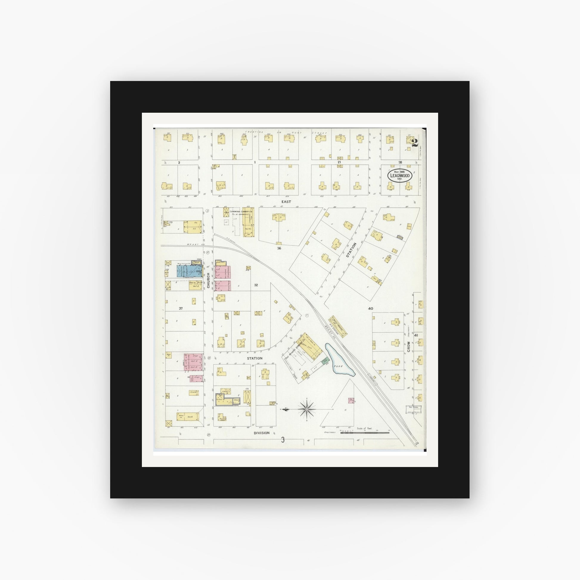 Old map wall art mockup — black gallery frame with white mat — Sanborn Fire Insurance Map from Leadwood, Saint Francois County, Missouri (1908), Sheet #0002