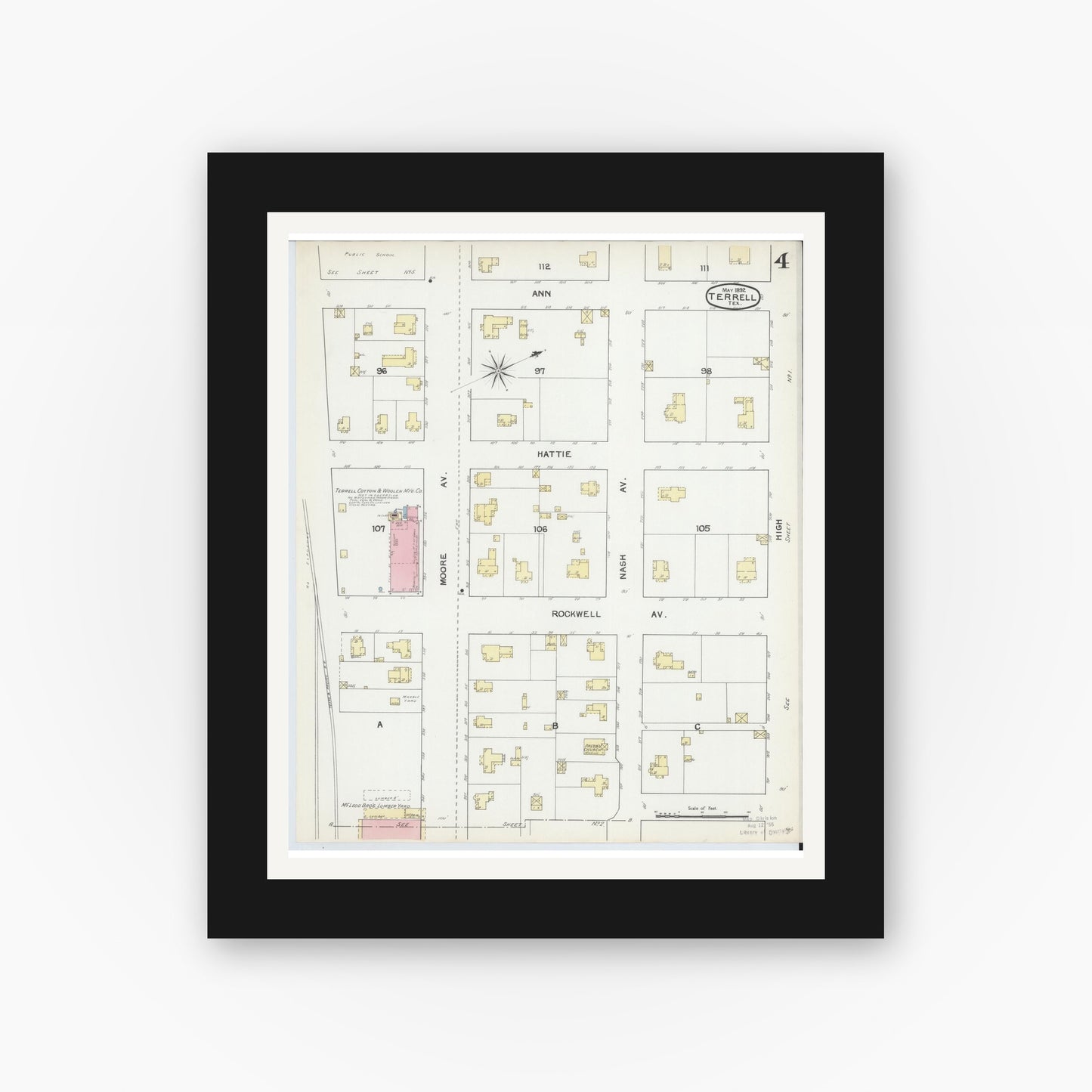 Old map wall art mockup — black gallery frame with white mat — Sanborn Fire Insurance Map from Terrell, Kaufman County, Texas (1892), Sheet #0004