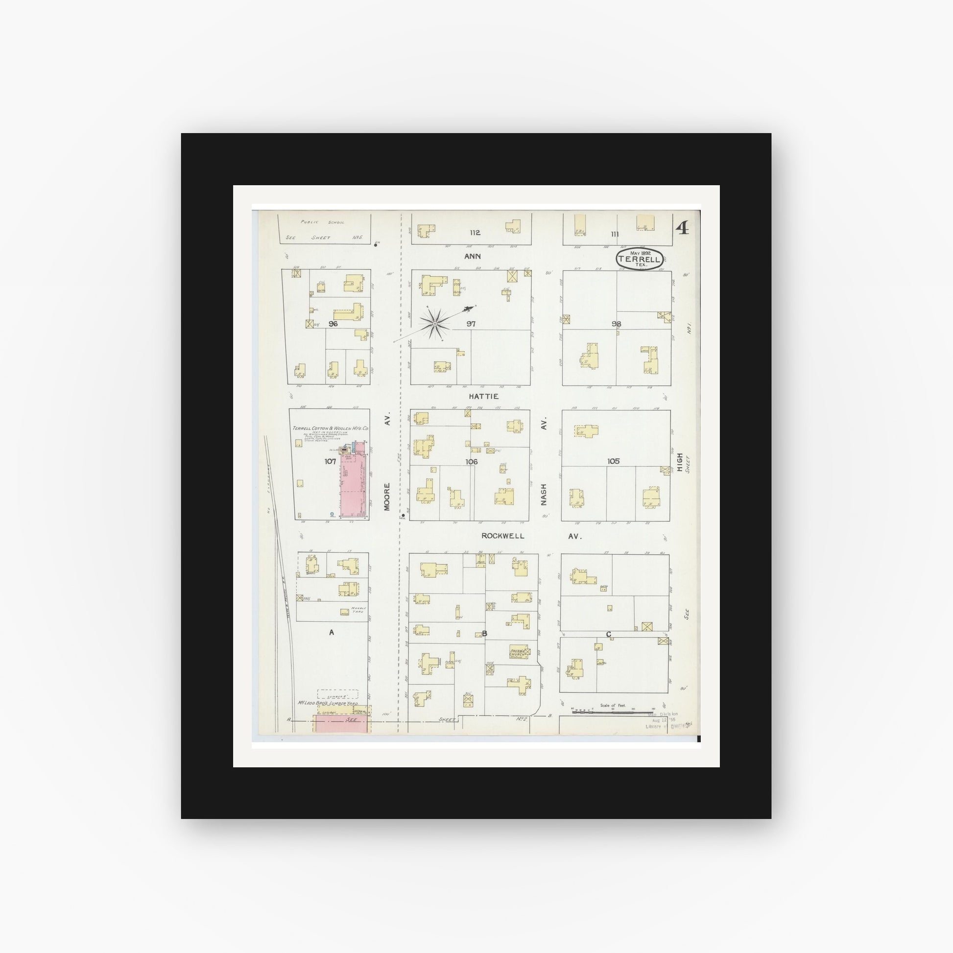 Old map wall art mockup — black gallery frame with white mat — Sanborn Fire Insurance Map from Terrell, Kaufman County, Texas (1892), Sheet #0004