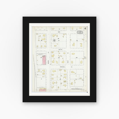 Old map wall art mockup — black gallery frame with white mat — Sanborn Fire Insurance Map from Terrell, Kaufman County, Texas (1892), Sheet #0004