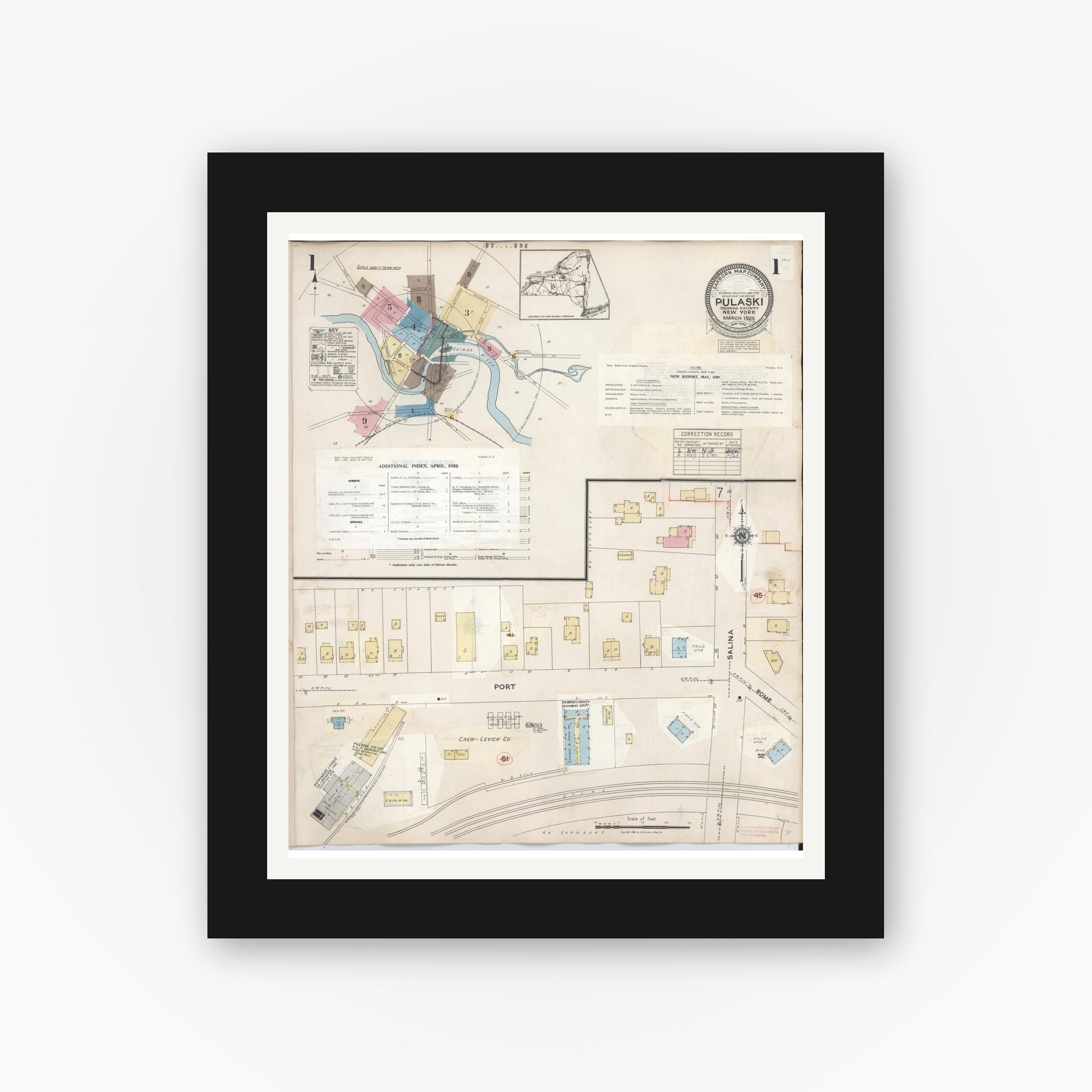 Old map wall art mockup — black gallery frame with white mat — Sanborn Fire Insurance Map from Pulaski, Oswego County, New York (1959) - Complete Map Set