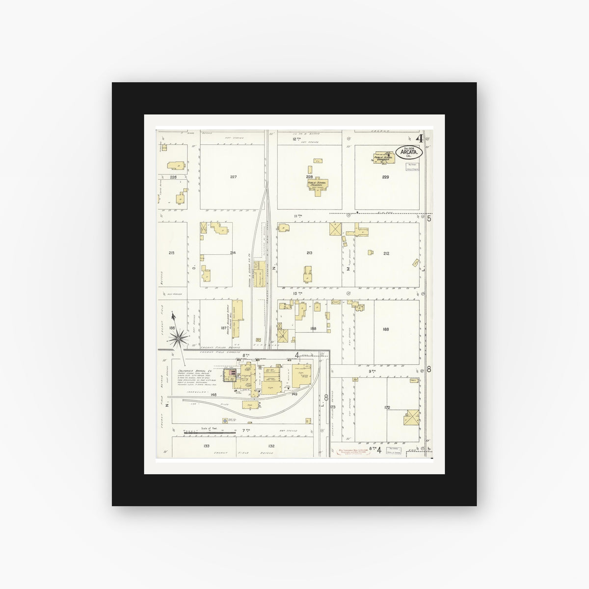 Old map wall art mockup — black gallery frame with white mat — Sanborn Fire Insurance Map from Arcata, Humboldt County, California (1908), Sheet #0004