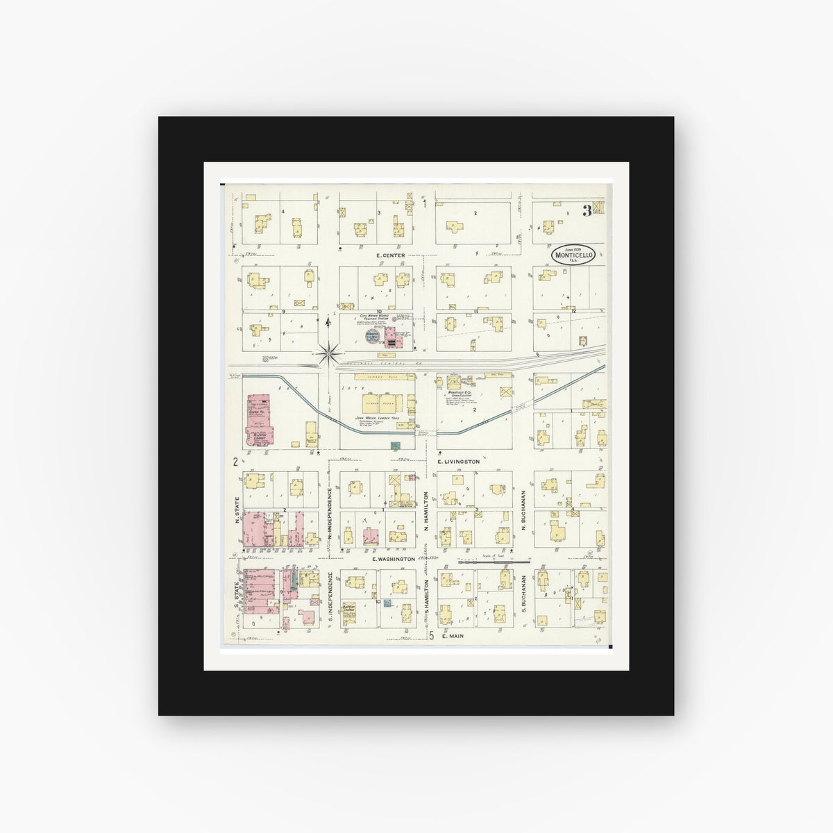 Old map wall art mockup — black gallery frame with white mat — Sanborn Fire Insurance Map from Monticello, Piatt County, Illinois (1909), Sheet #0003