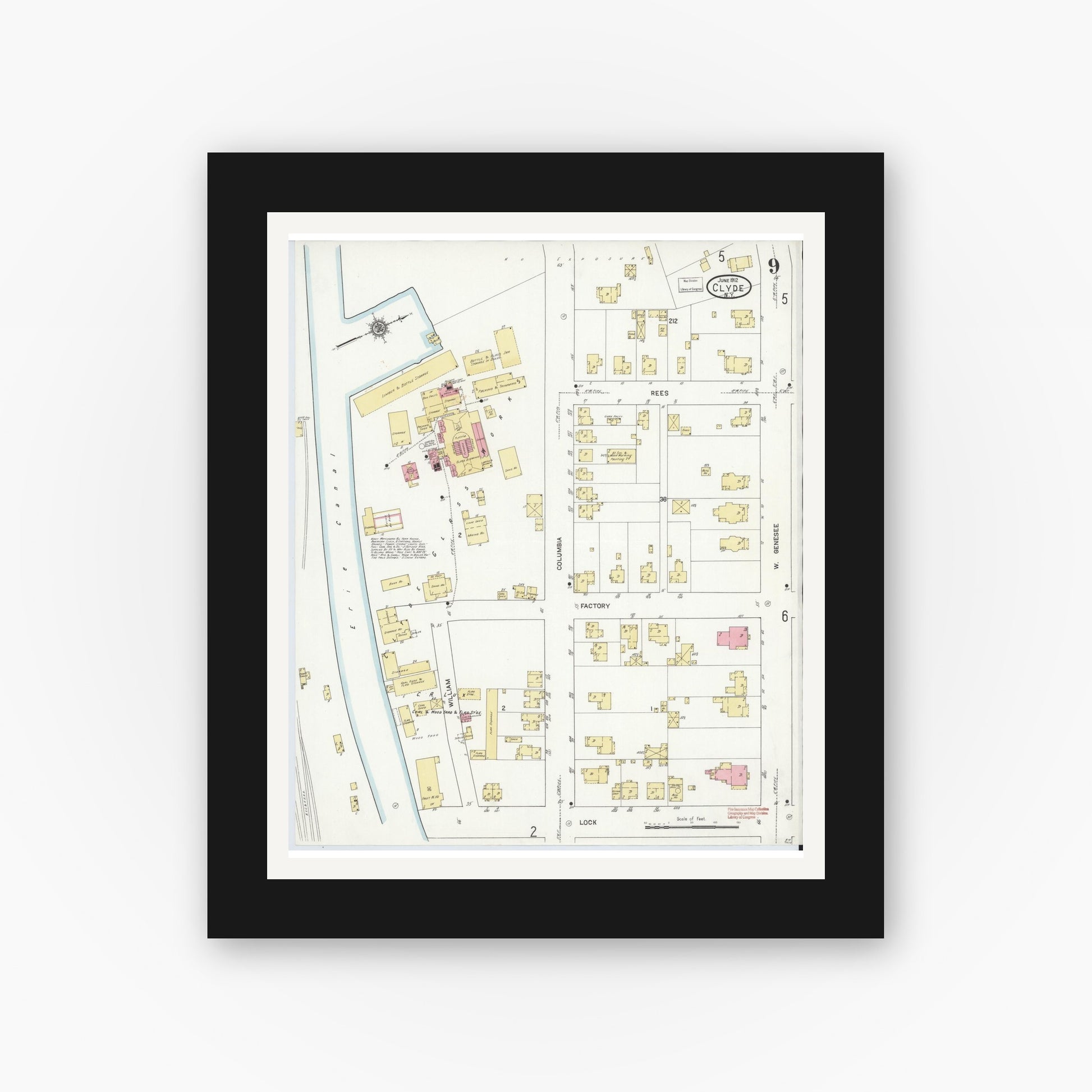 Old map wall art mockup — black gallery frame with white mat — Sanborn Fire Insurance Map from Clyde, Wayne County, New York (1912), Sheet #0009