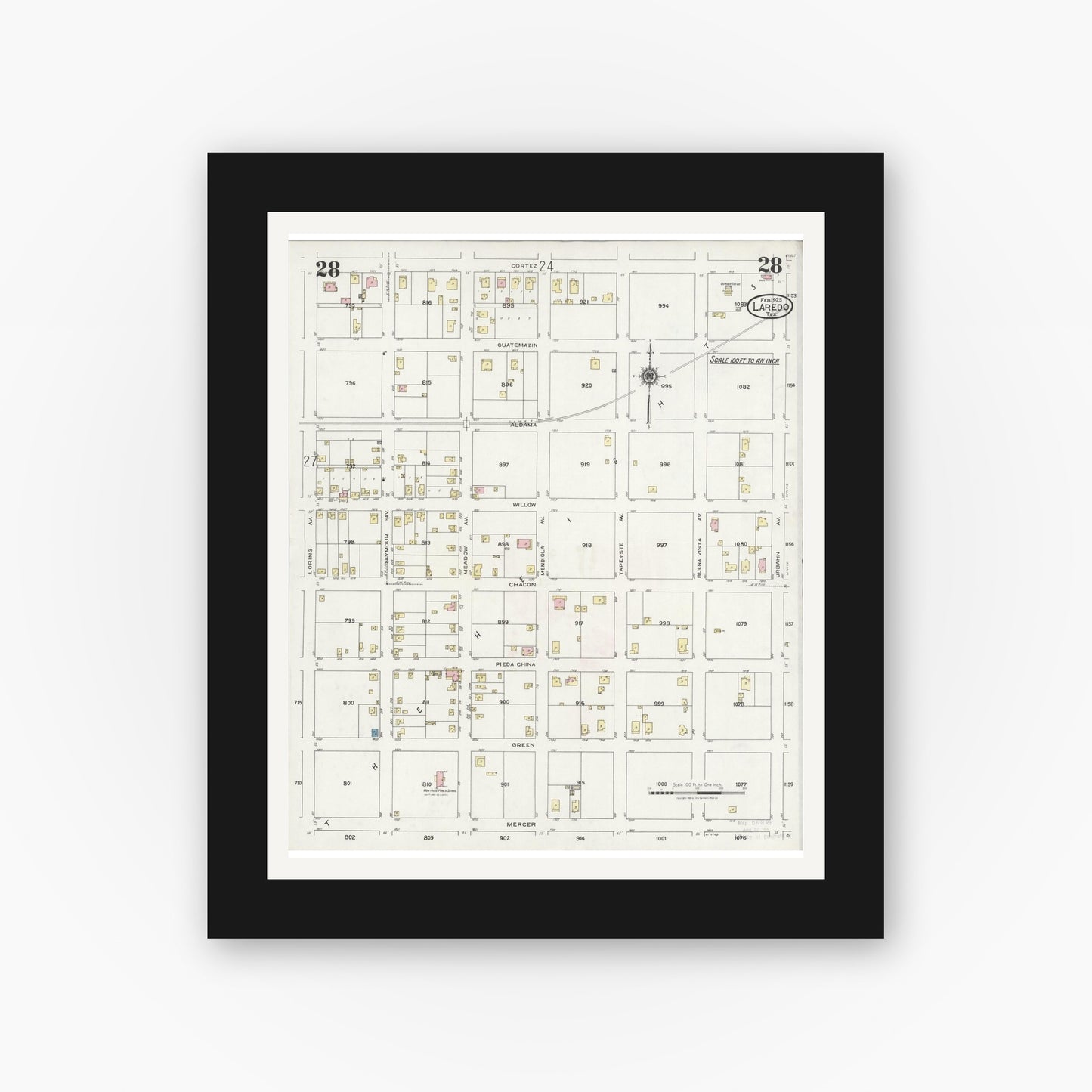 Old map wall art mockup — black gallery frame with white mat — Sanborn Fire Insurance Map from Laredo, Webb County, Texas (1925), Sheet #0028