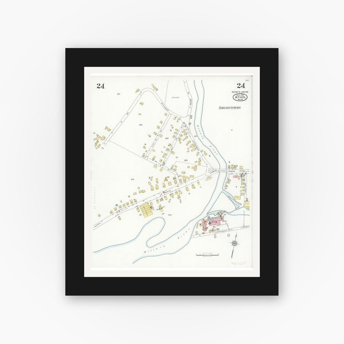 Old map wall art mockup — black gallery frame with white mat — Sanborn Fire Insurance Map from Athol, Worcester County, Massachusetts (1936), Sheet #0024