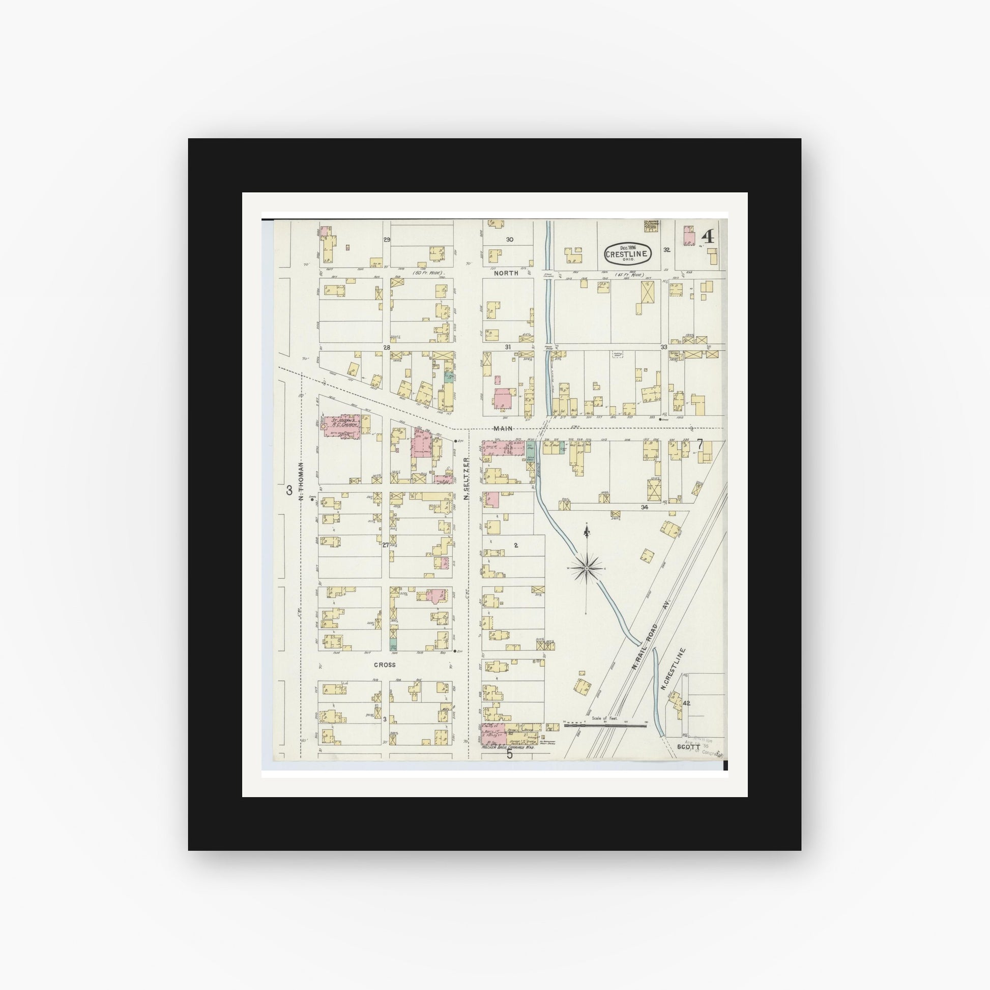 Old map wall art mockup — black gallery frame with white mat — Sanborn Fire Insurance Map from Crestline, Crawford County, Ohio (1896), Sheet #0004