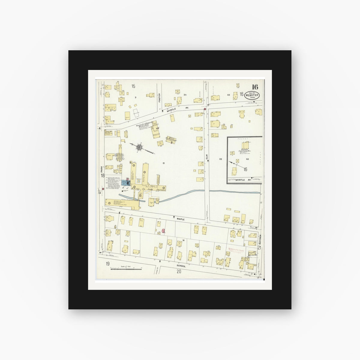 Old map wall art mockup — black gallery frame with white mat — Sanborn Fire Insurance Map from Webster, Worcester County, Massachusetts (1911), Sheet #0016