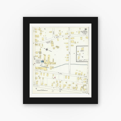 Old map wall art mockup — black gallery frame with white mat — Sanborn Fire Insurance Map from Webster, Worcester County, Massachusetts (1911), Sheet #0016
