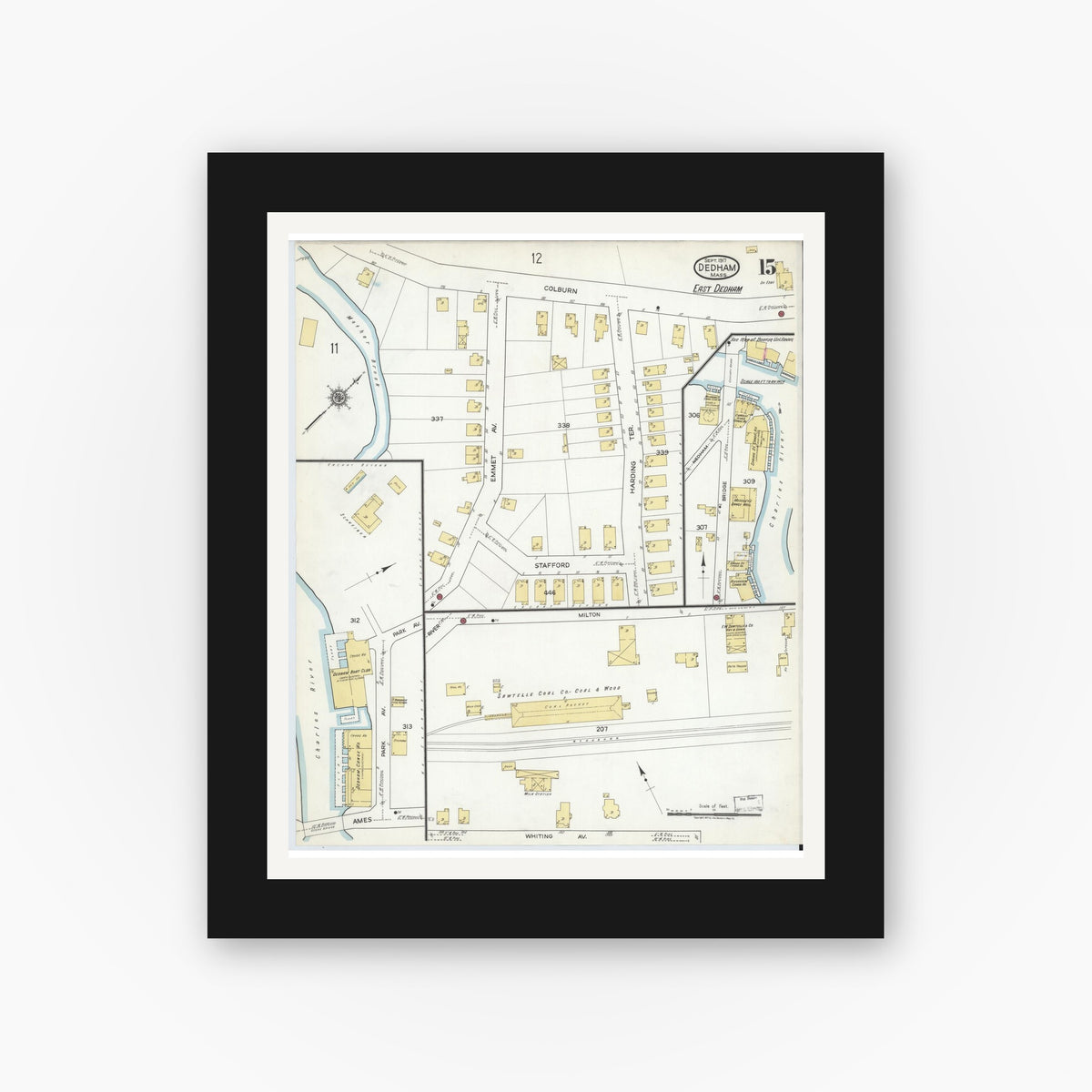 Old map wall art mockup — black gallery frame with white mat — Sanborn Fire Insurance Map from Dedham, Norfolk County, Massachusetts (1917), Sheet #0015