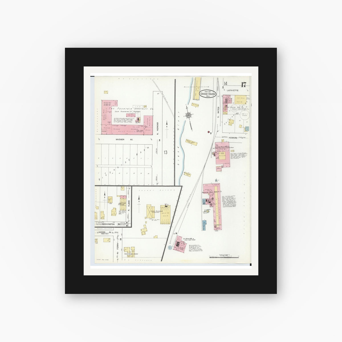 Old map wall art mockup — black gallery frame with white mat — Sanborn Fire Insurance Map from Grand Haven, Ottawa County, Michigan (1912), Sheet #0017