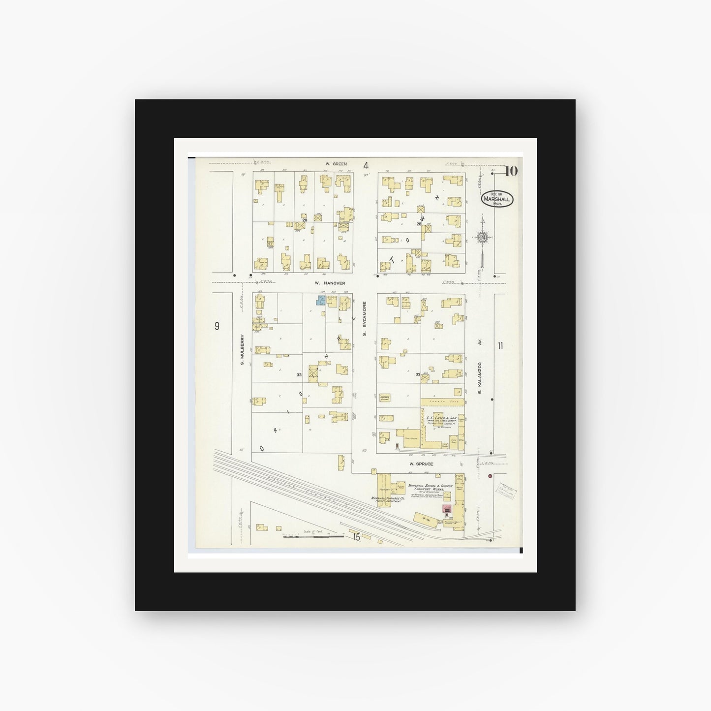 Old map wall art mockup — black gallery frame with white mat — Sanborn Fire Insurance Map from Marshall, Calhoun County, Michigan (1911), Sheet #0010