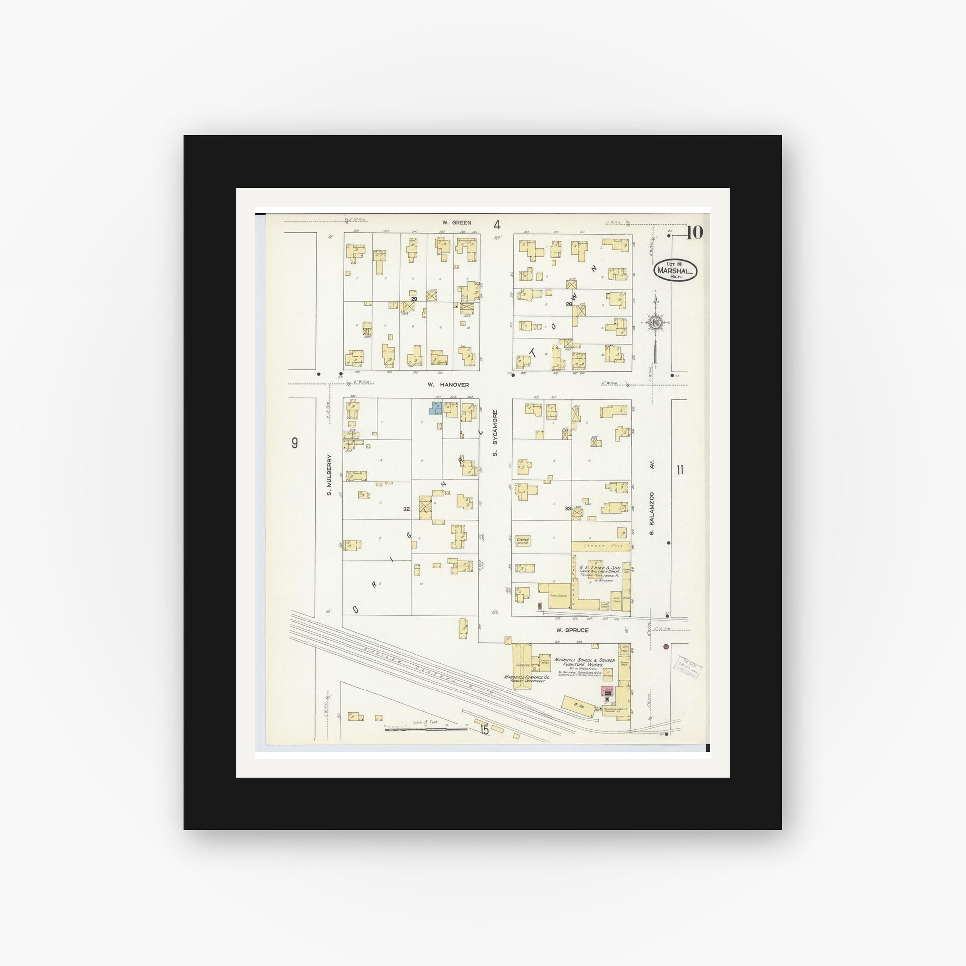 Old map wall art mockup — black gallery frame with white mat — Sanborn Fire Insurance Map from Marshall, Calhoun County, Michigan (1911), Sheet #0010