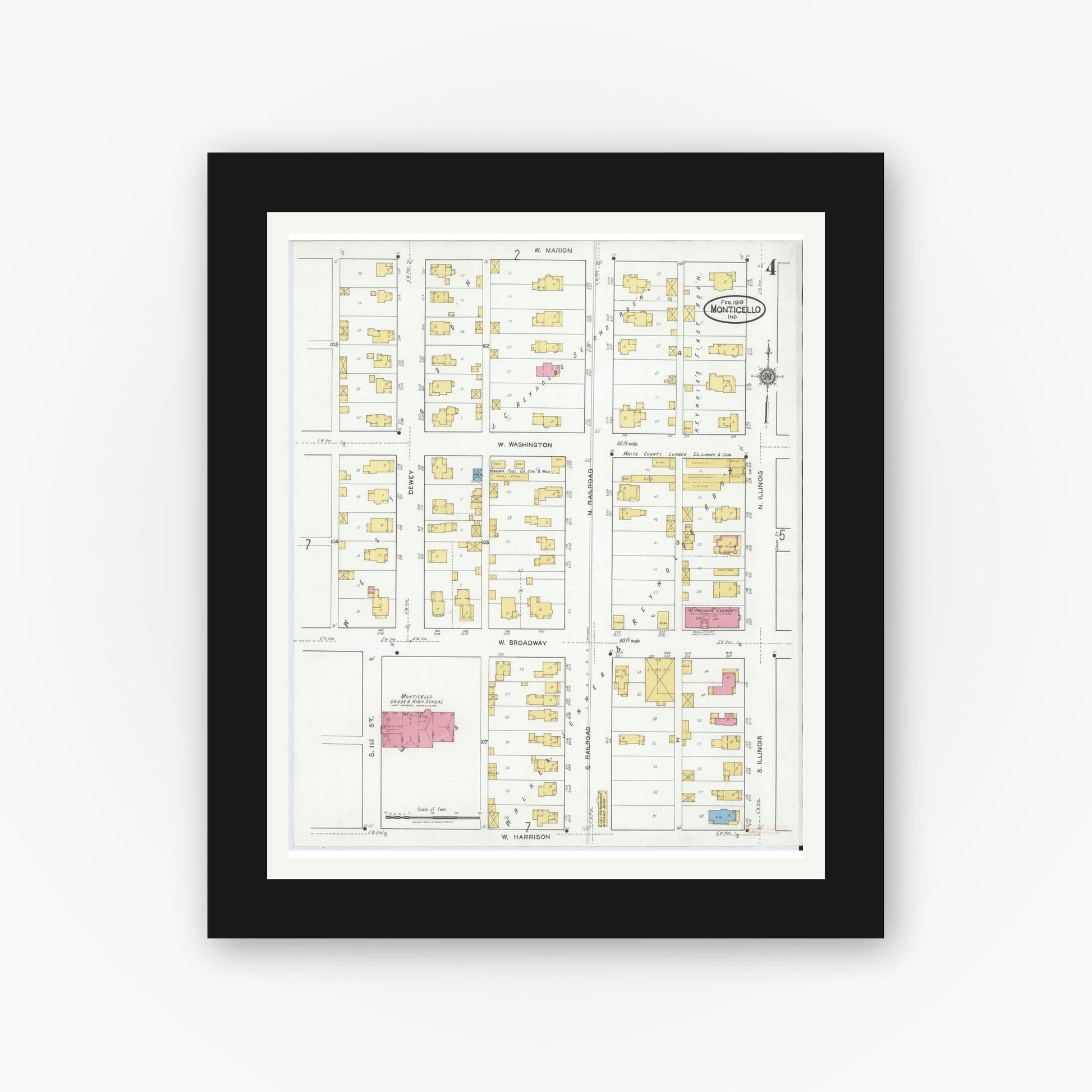 Old map wall art mockup — black gallery frame with white mat — Sanborn Fire Insurance Map from Monticello, White County, Indiana (1919), Sheet #0004