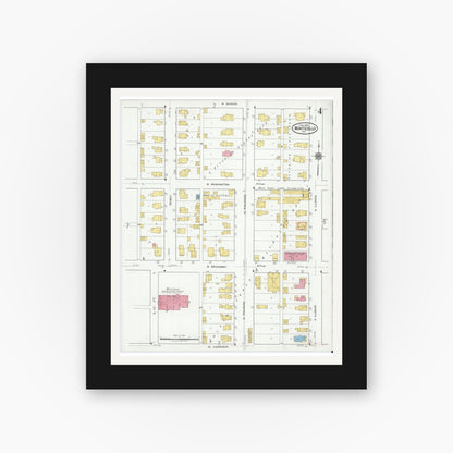 Old map wall art mockup — black gallery frame with white mat — Sanborn Fire Insurance Map from Monticello, White County, Indiana (1919), Sheet #0004