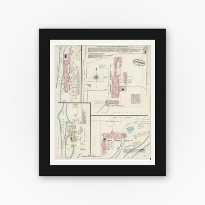 Old map wall art mockup — black gallery frame with white mat — Sanborn Fire Insurance Map from North Adams, Berkshire County, Massachusetts (1884), Sheet #0009
