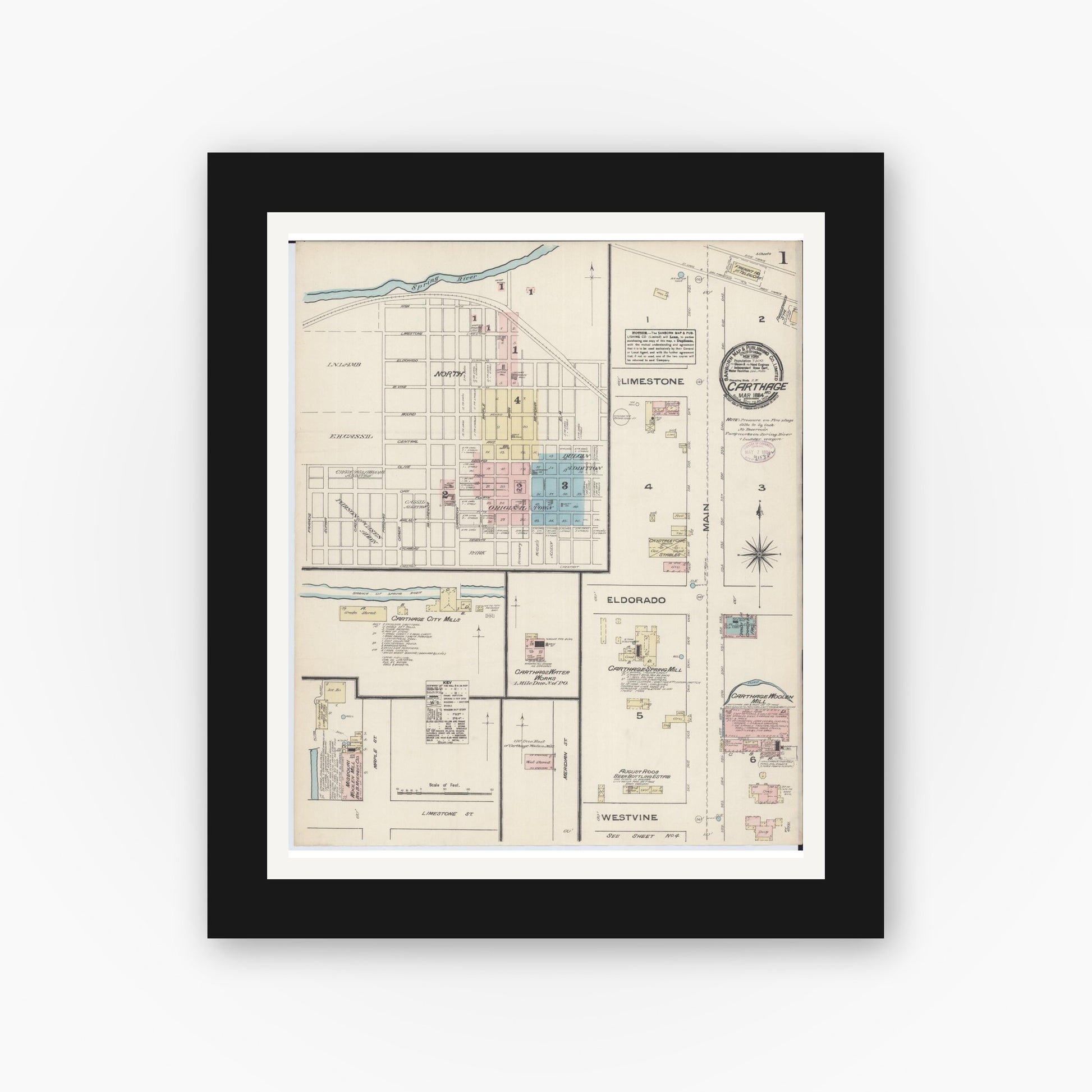 Old map wall art mockup — black gallery frame with white mat — Sanborn Fire Insurance Map from Carthage, Jasper County, Missouri (1884) - Complete Map Set