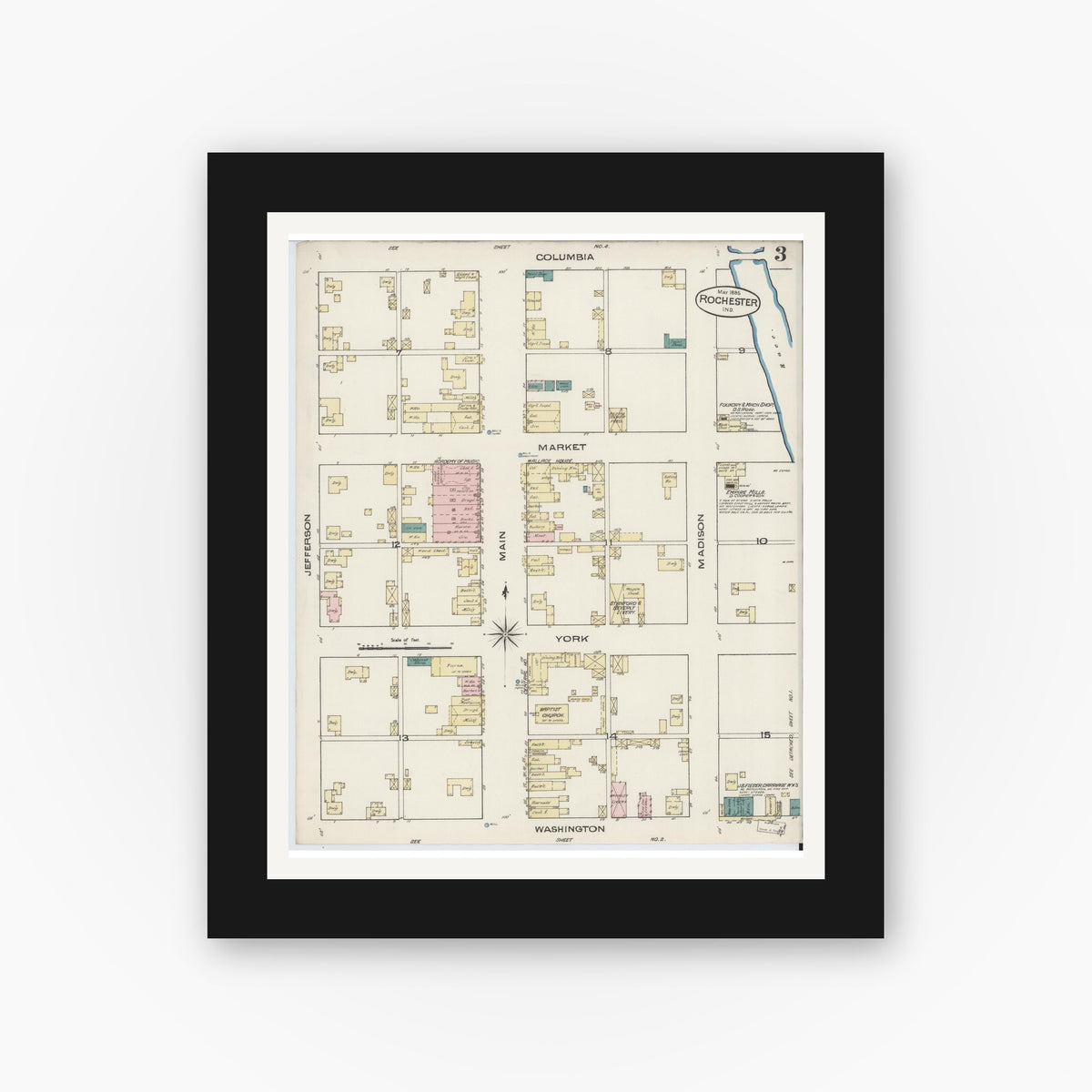 Old map wall art mockup — black gallery frame with white mat — Sanborn Fire Insurance Map from Rochester, Fulton County, Indiana (1885), Sheet #0003