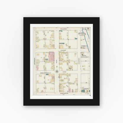 Old map wall art mockup — black gallery frame with white mat — Sanborn Fire Insurance Map from Rochester, Fulton County, Indiana (1885), Sheet #0003