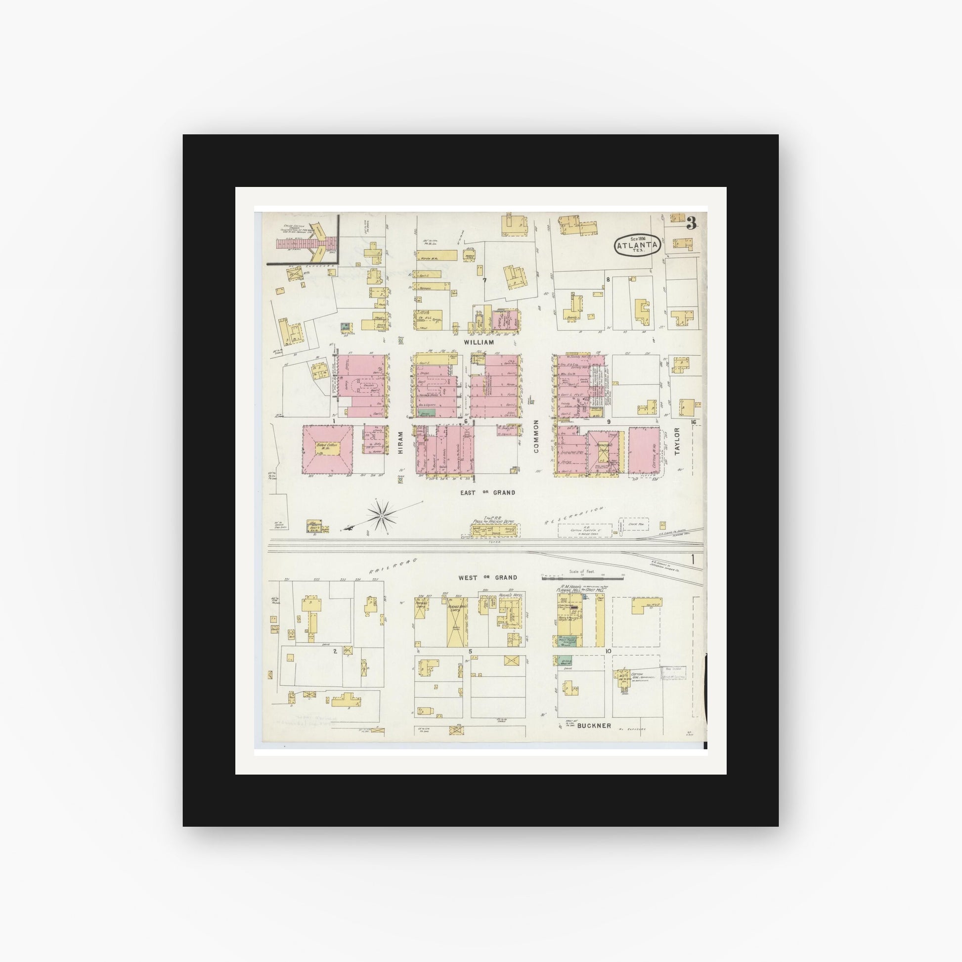 Old map wall art mockup — black gallery frame with white mat — Sanborn Fire Insurance Map from Atlanta, Cass County, Texas (1896), Sheet #0003