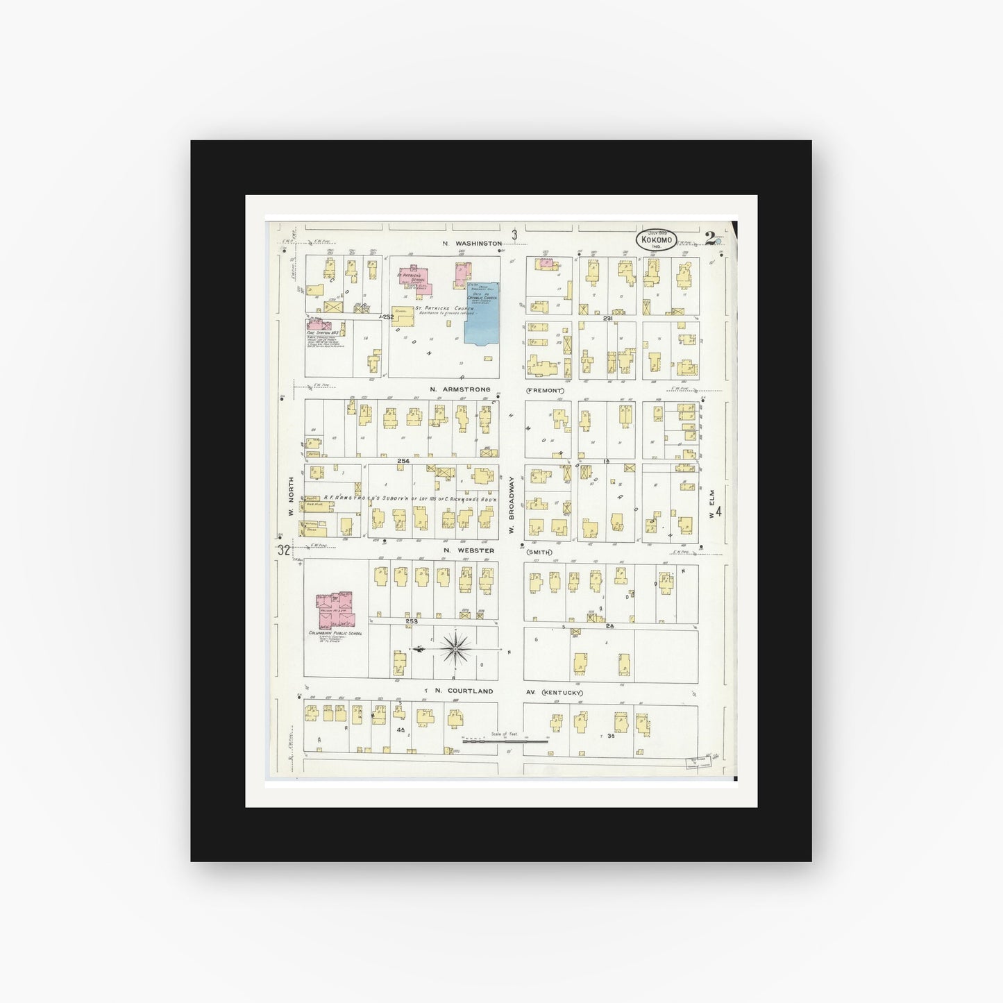 Old map wall art mockup — black gallery frame with white mat — Sanborn Fire Insurance Map from Kokomo, Howard County, Indiana (1909), Sheet #0002