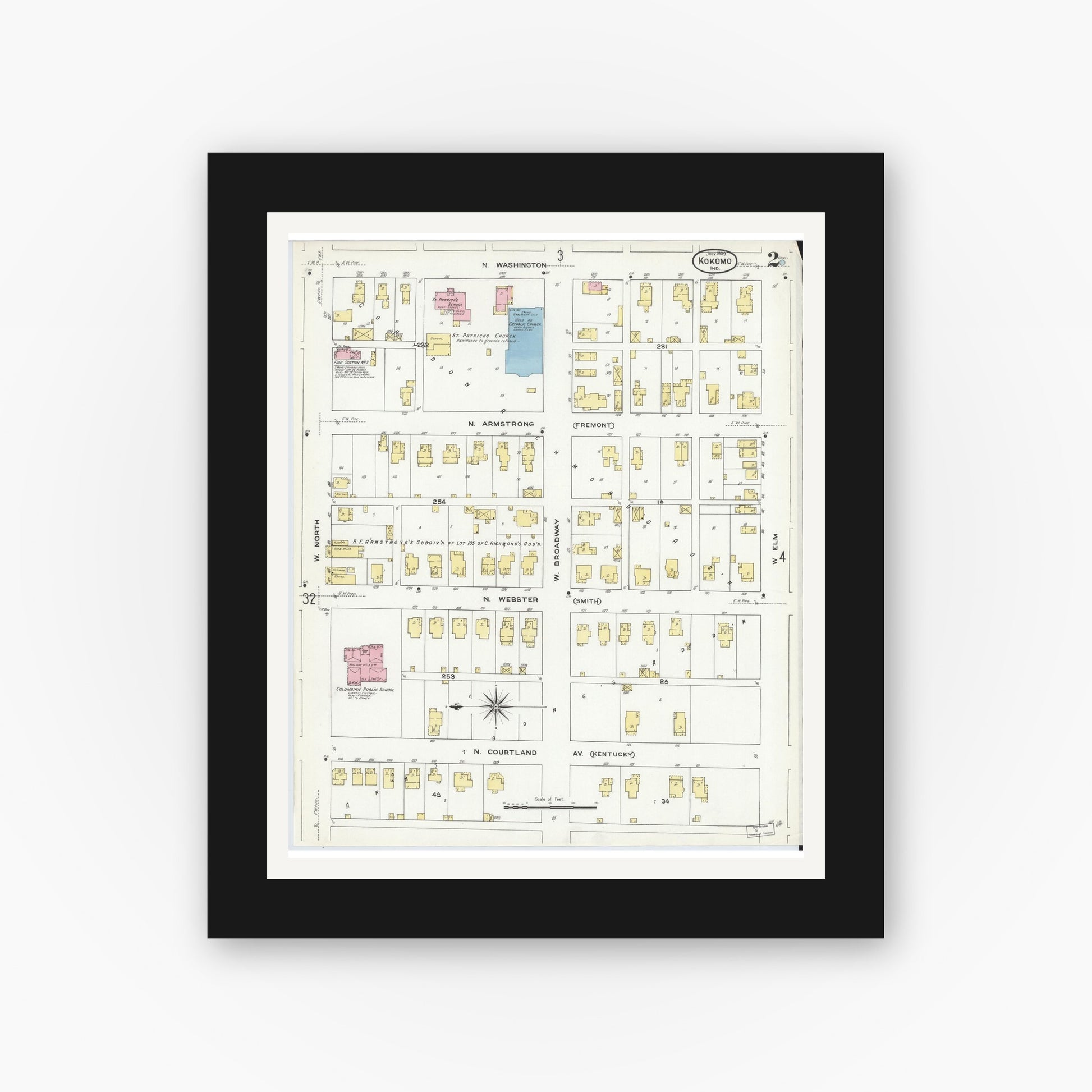 Old map wall art mockup — black gallery frame with white mat — Sanborn Fire Insurance Map from Kokomo, Howard County, Indiana (1909), Sheet #0002