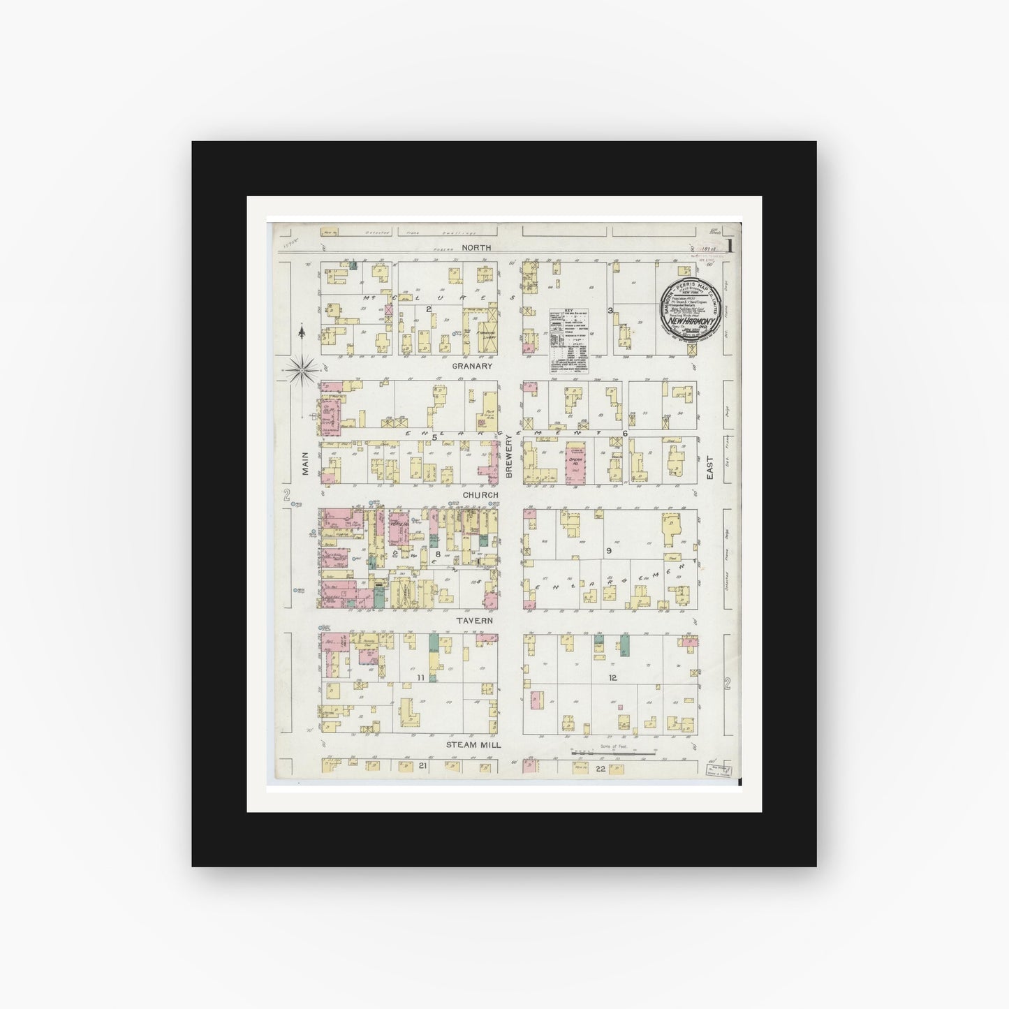 Old map wall art mockup — black gallery frame with white mat — Sanborn Fire Insurance Map from New Harmony, Posey County, Indiana (1893), Sheet #0001