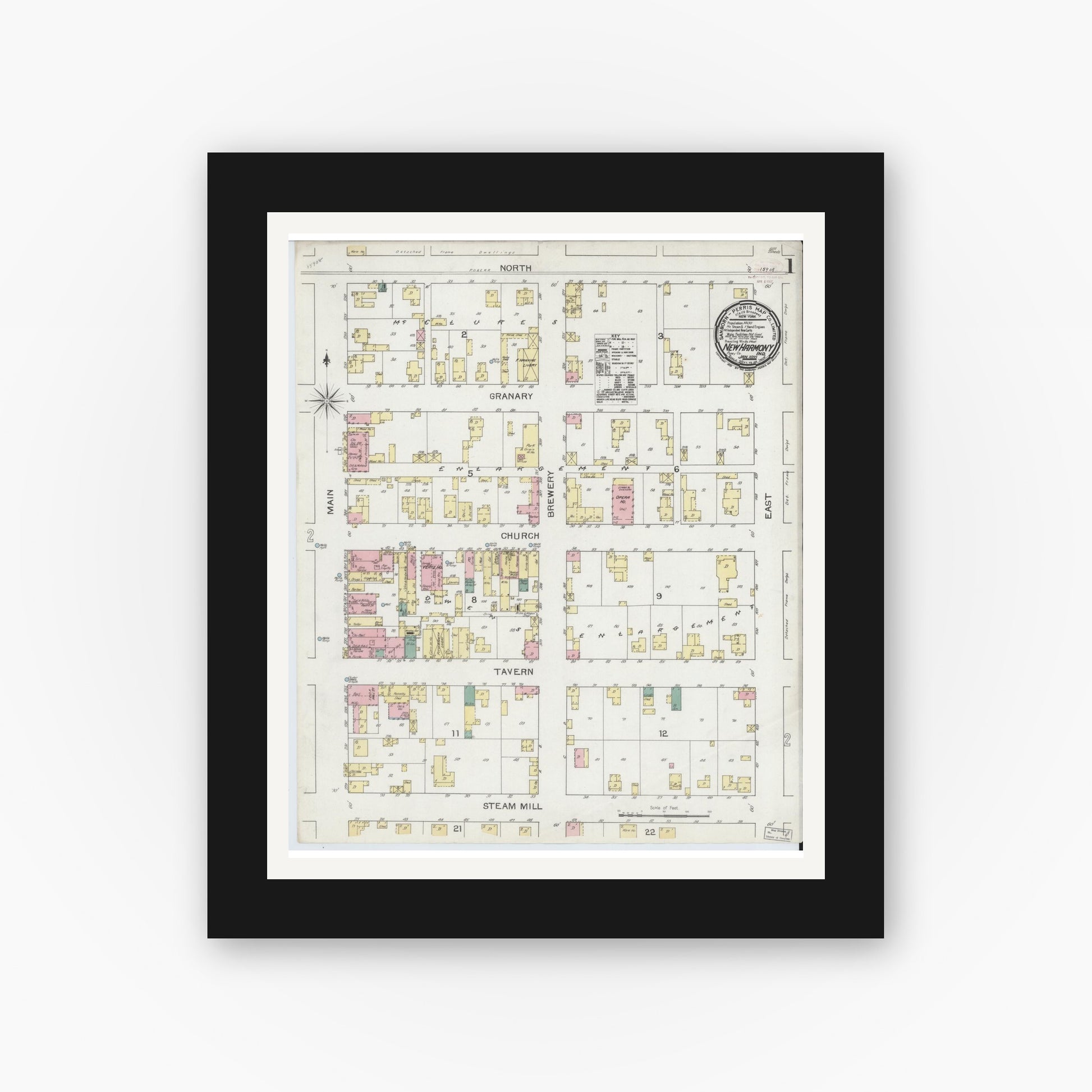Old map wall art mockup — black gallery frame with white mat — Sanborn Fire Insurance Map from New Harmony, Posey County, Indiana (1893), Sheet #0001